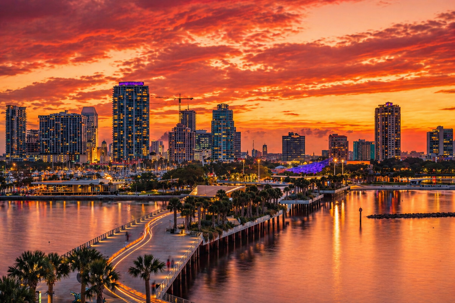 Downtown St. Petersburg Florida skyline at sunset with waterfront park and marina