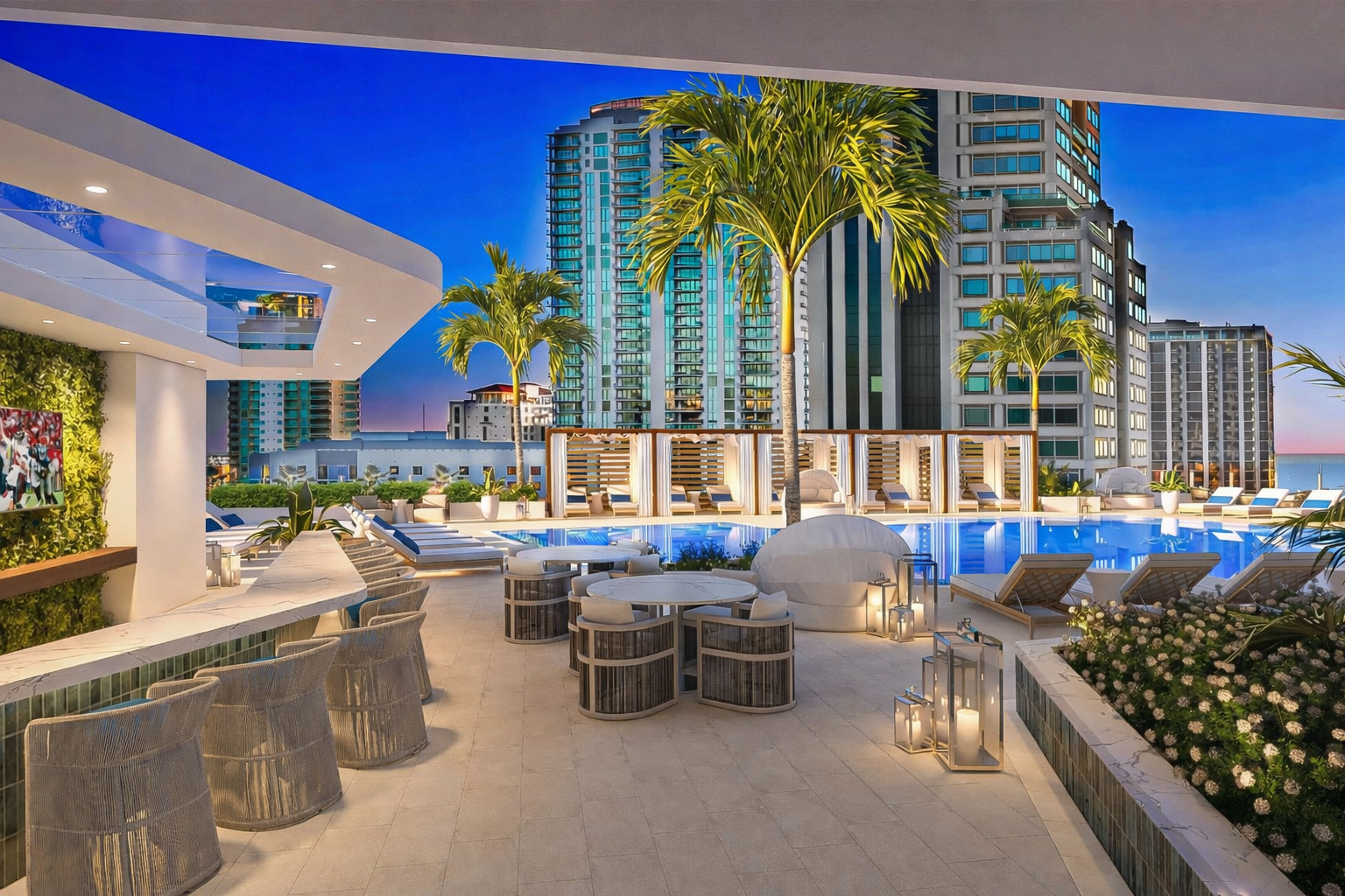 Art House St. Petersburg rooftop pool deck with modern lounge seating and downtown skyline views