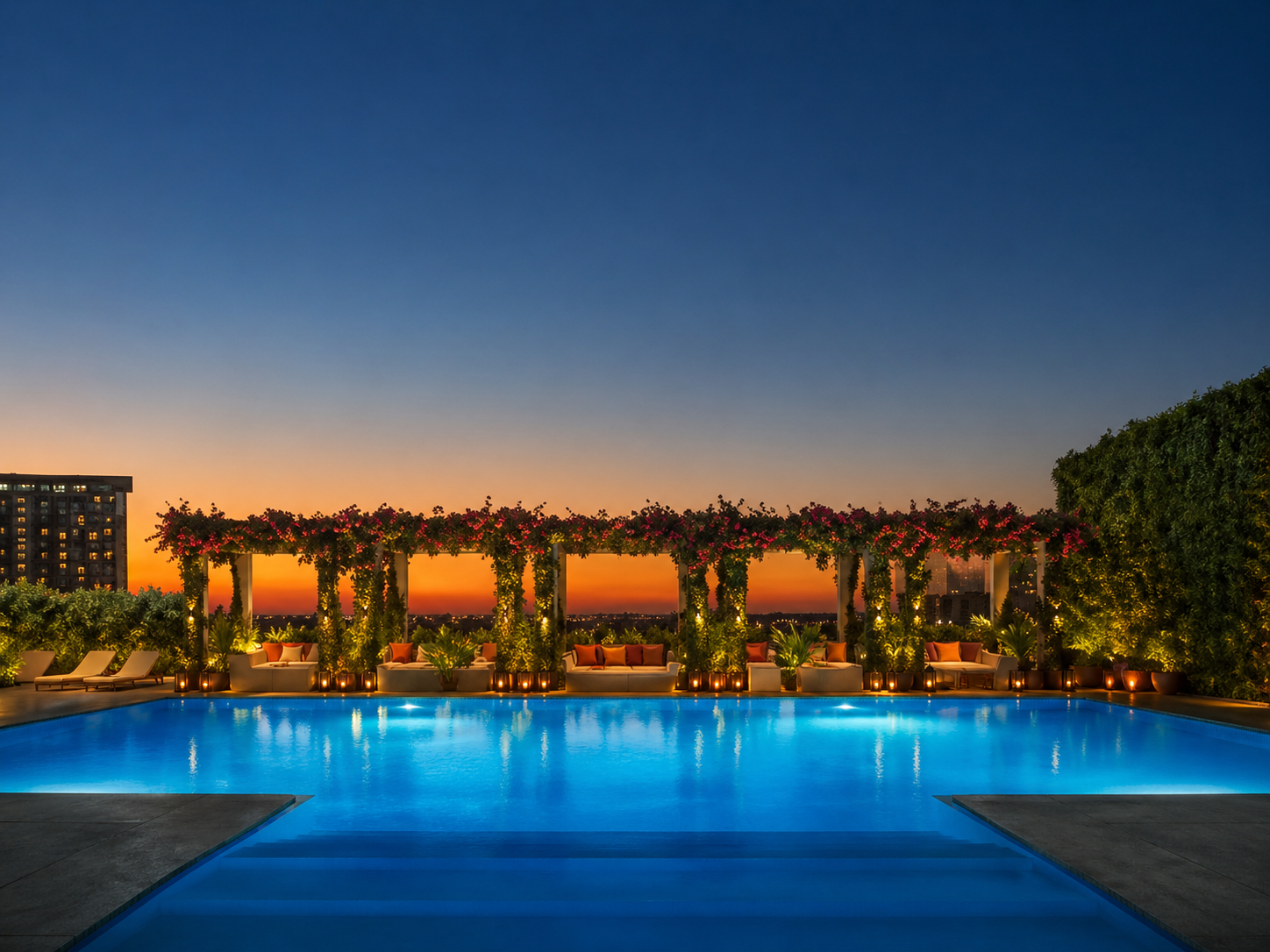 The Tampa Edition Luxury condo rooftop pool at sunset with outdoor lounge and city views in Tampa Florida