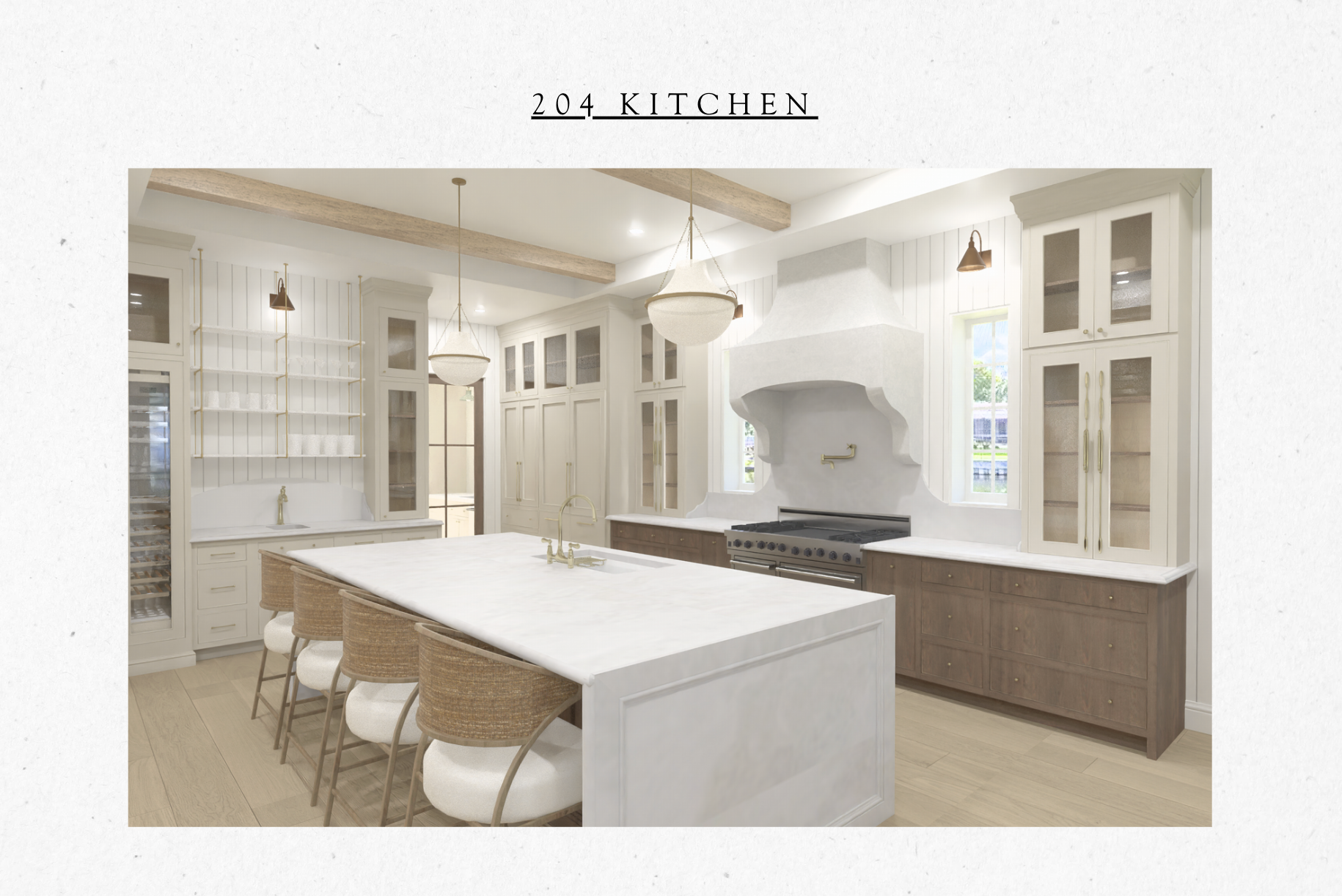 Modern kitchen with white cabinetry, a large marble island, and wood accents, featuring pendant lighting, a stove with a white hood, and hardwood floors.