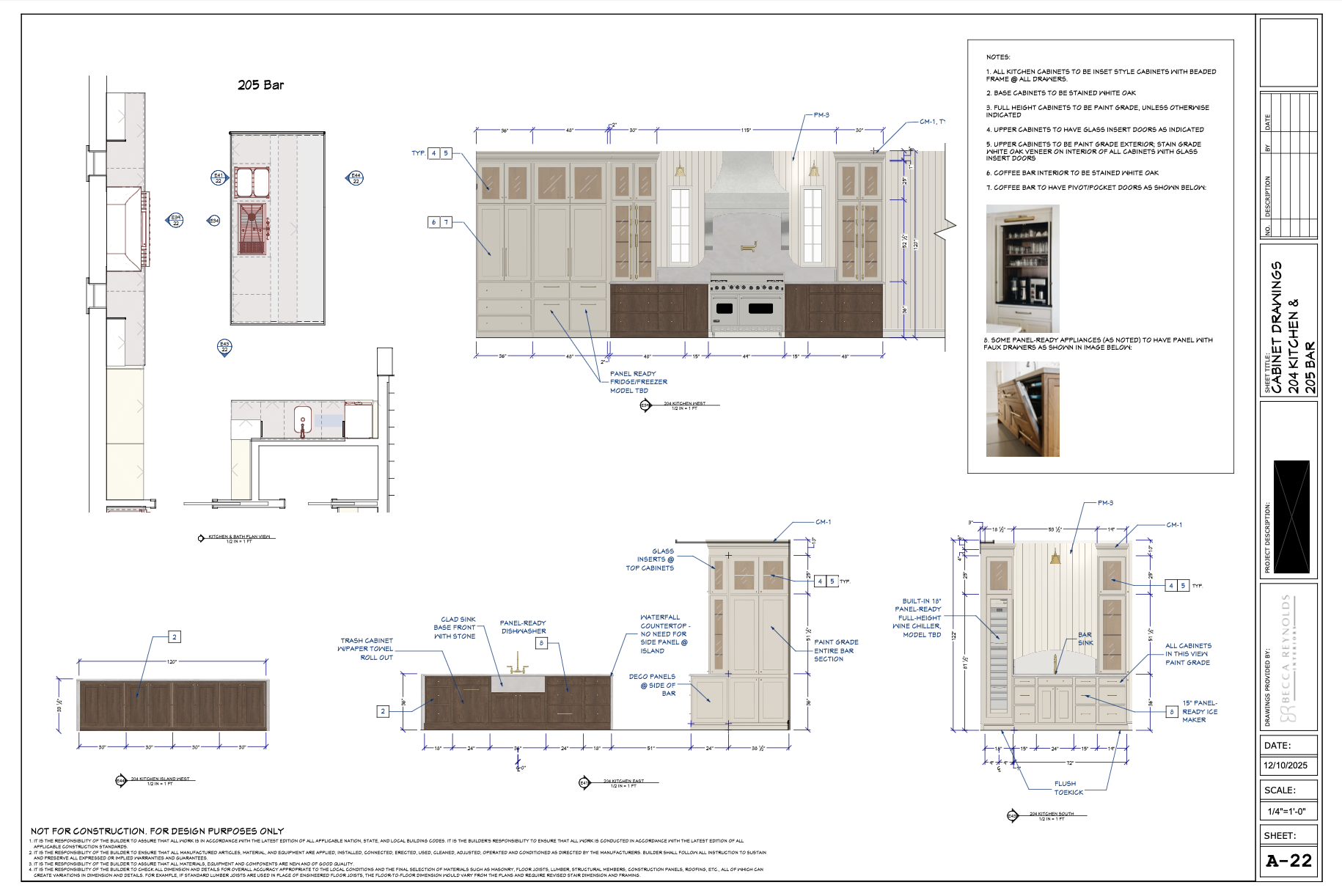 Detailed kitchen cabinet and design blueprint with measurements, notes, and images of cabinet finishes.