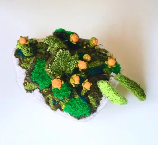Bakeapples For Allan, 11” W  x 3" H x 9" D, Repurposed and metallic textiles, yarn, beads, clay $400