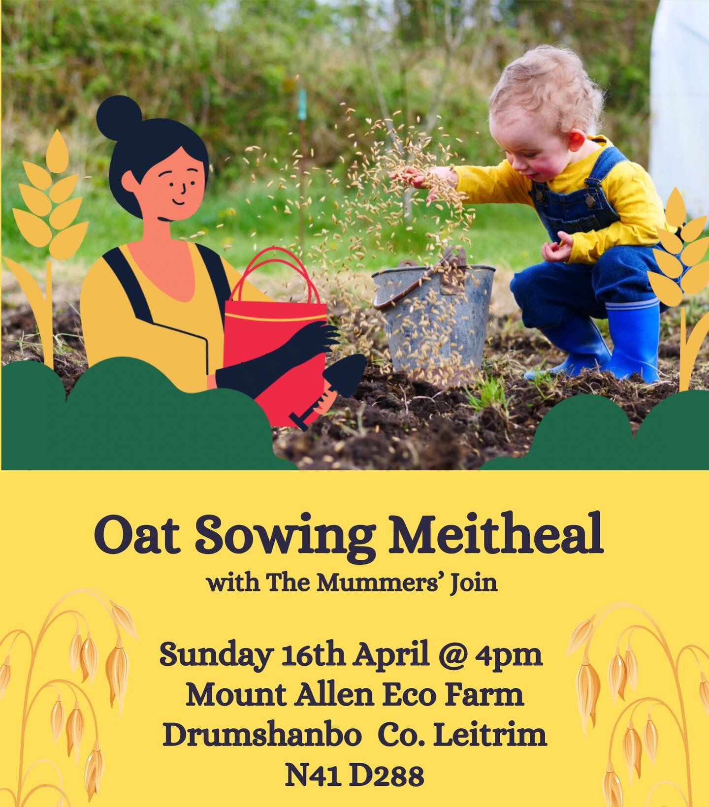 Come sow oat seed together on Mount Allen Eco farm on the shores of Lough Allen Co. Leitrim as part of The Mummers&rsquo; Join. There&rsquo;ll be music &amp; dancing and a guided walk by farm owner Tommy Earley. Organic oat seed will be provided. Ret