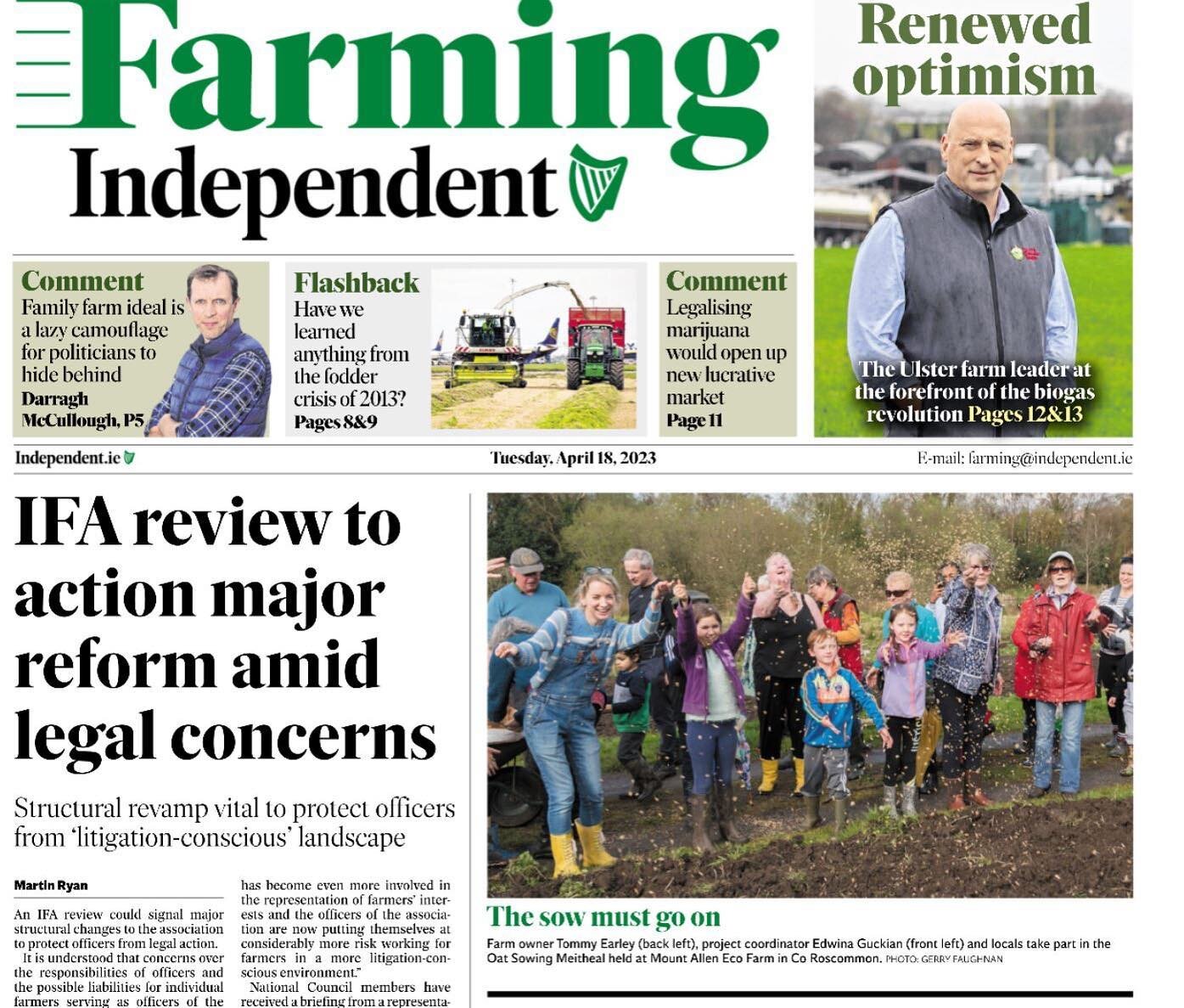 Delighted sowingtheseedproject.com made the front of the @farming_indo today from our oat sowing Meitheal on @mountallenecotours Farm. Thanks to @gerryspix 📸

The project is supported by @creativeireland @theheritagecouncil @leitrimcoco #TheMummersJ