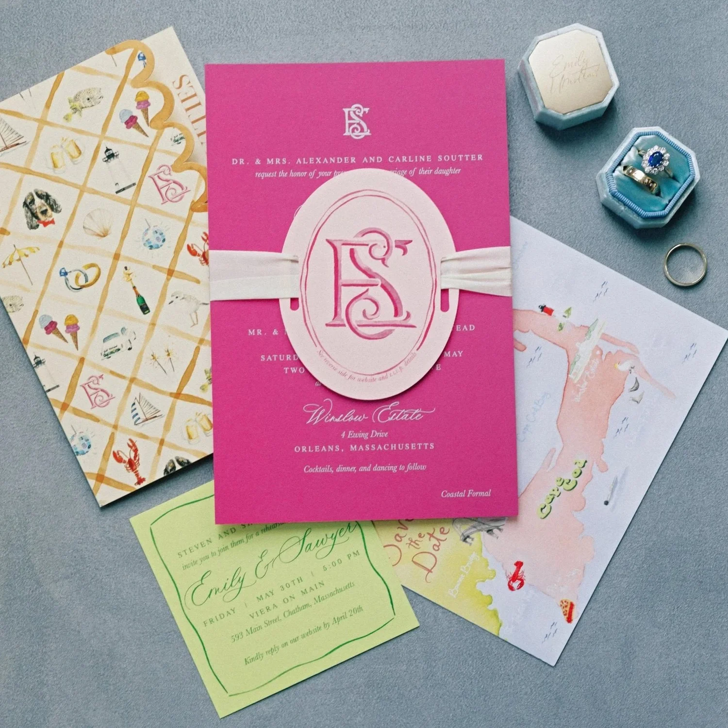 Colorful custom invitation collection with original illustrated details