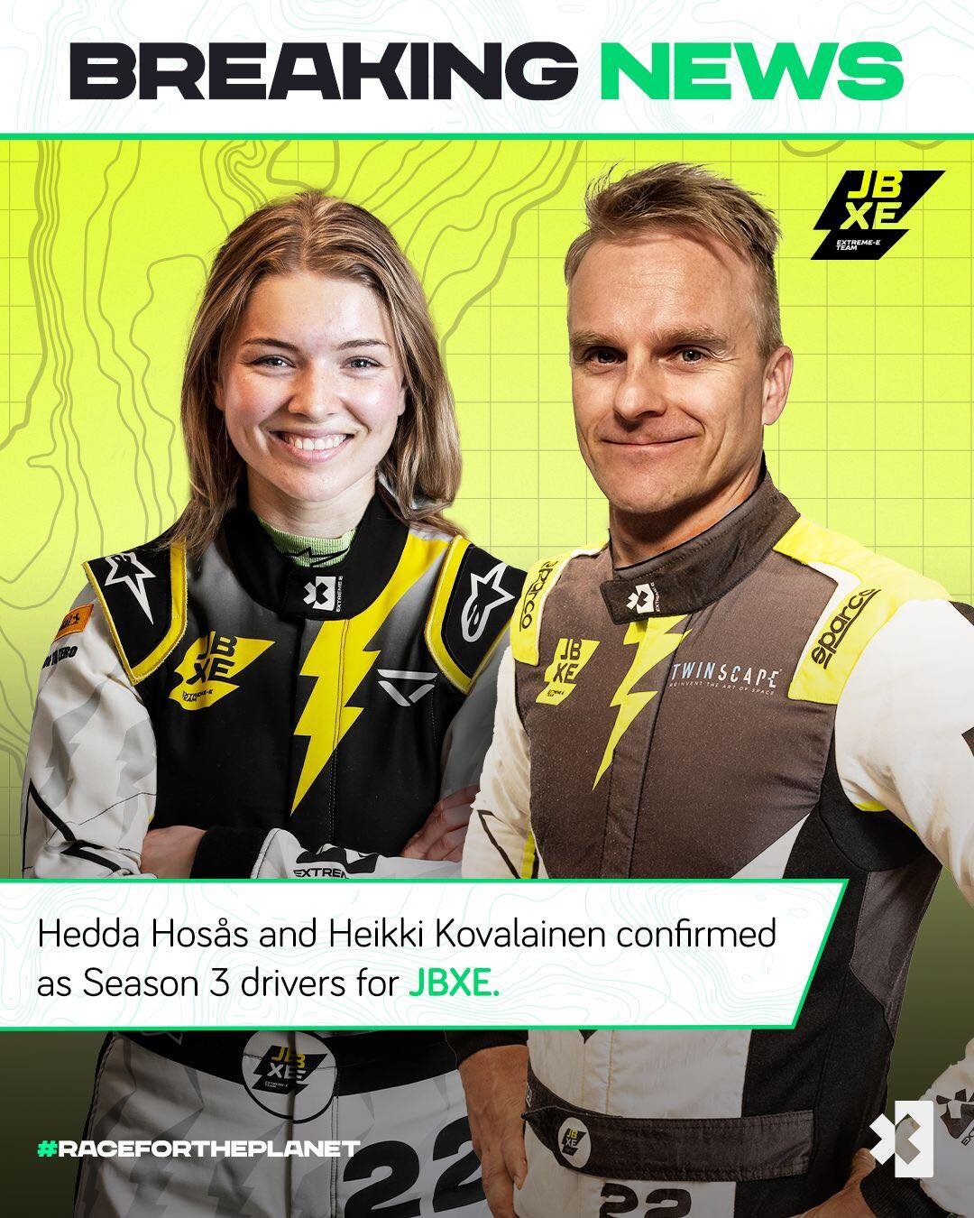 🚨 BREAKING NEWS 🚨

We are super excited to announce that Former F1 star Heikki Kovalainen will join Hedda Hosaas at JBXE Racing for Season 3! 🙌 #ExtremeE #JBXE #LetsGo! 

@jensonbutton @heddahosaas @heikkikovalainen