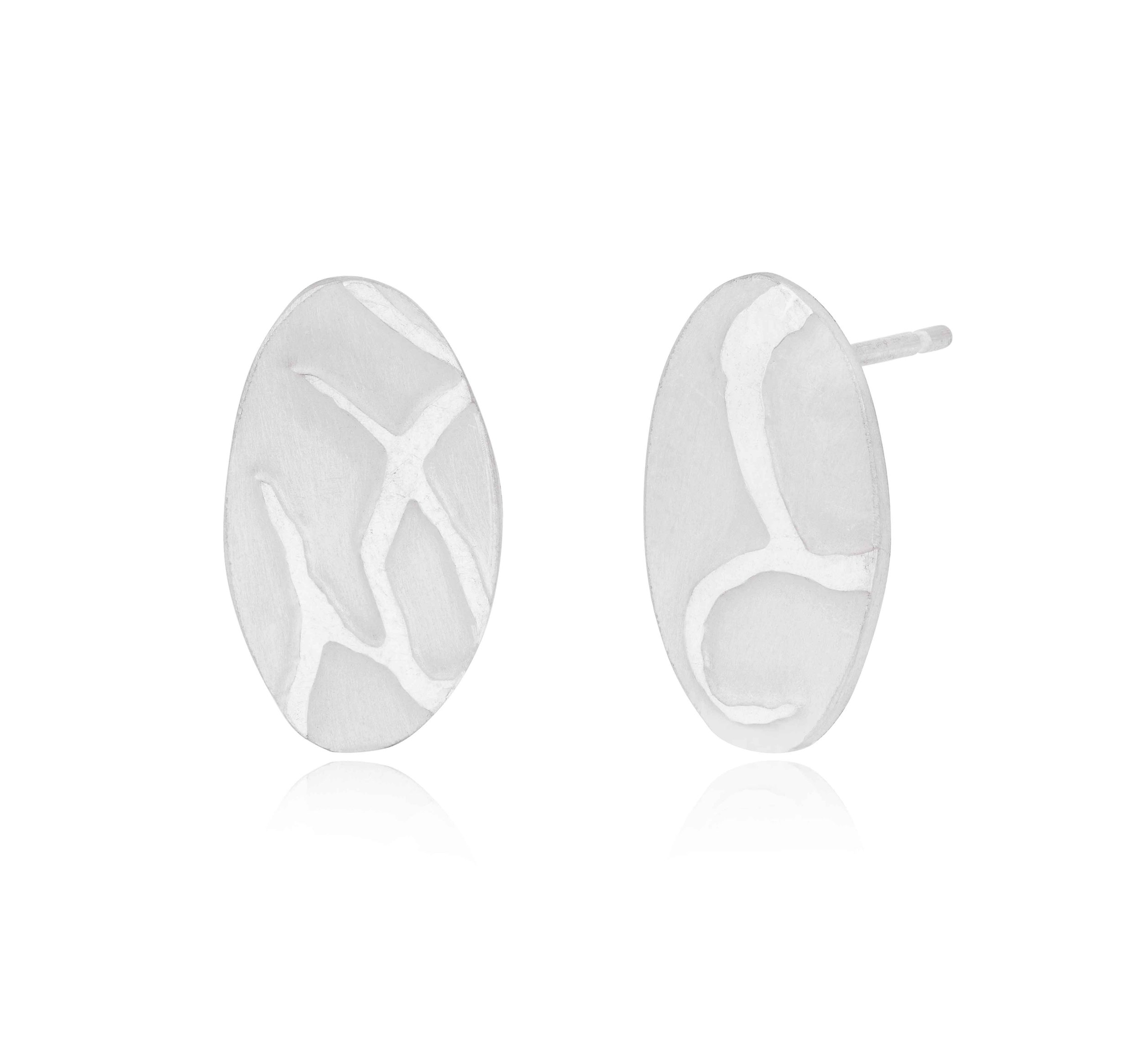 Silver Etched Oval Stud Earrings