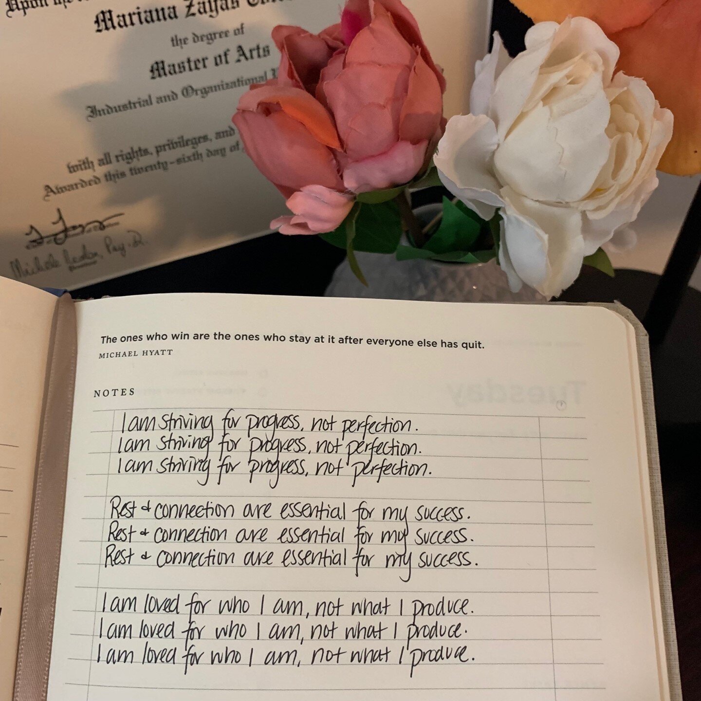 Practicing what I preach. These are my mental scripts for this week. 

1) I am striving for progress, not perfection. 
2) Rest &amp; connection are essential for my success. 
3) I am loved for who I am, not what I produce. 

With these sentences, you