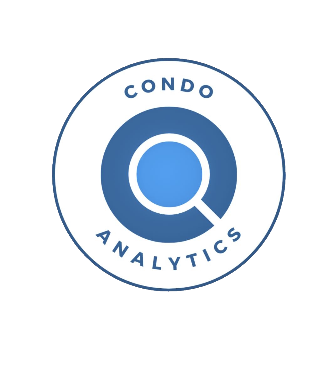 Logo for Condo Analytics featuring a magnifying glass icon inside a circle with the words 'Condo Analytics' around it.