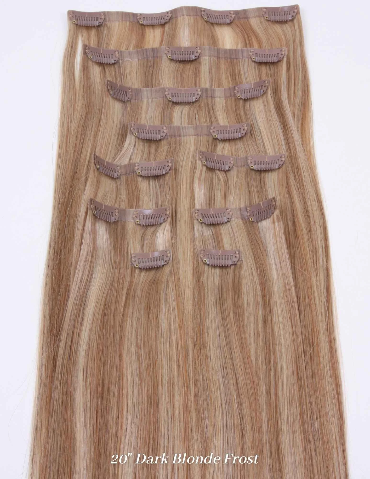 Image Showing the Number of Clips and Wefts that come in the 20" Ultra Seamless Clip In Extensions Set in Dark Blonde Frost