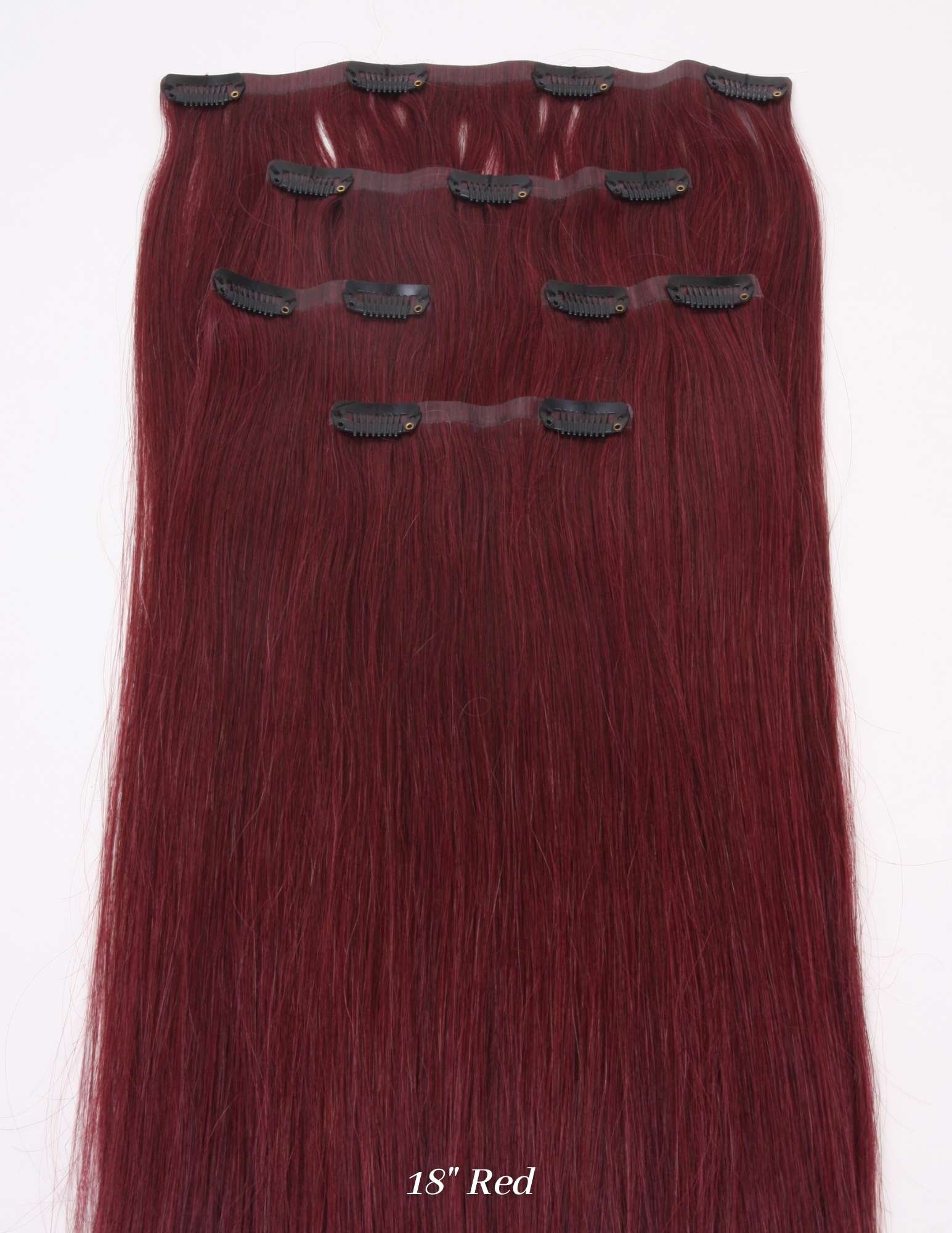 Image Showing the Number of Clips and Wefts that come in the 18" Ultra Seamless Clip In Extensions Set in Red