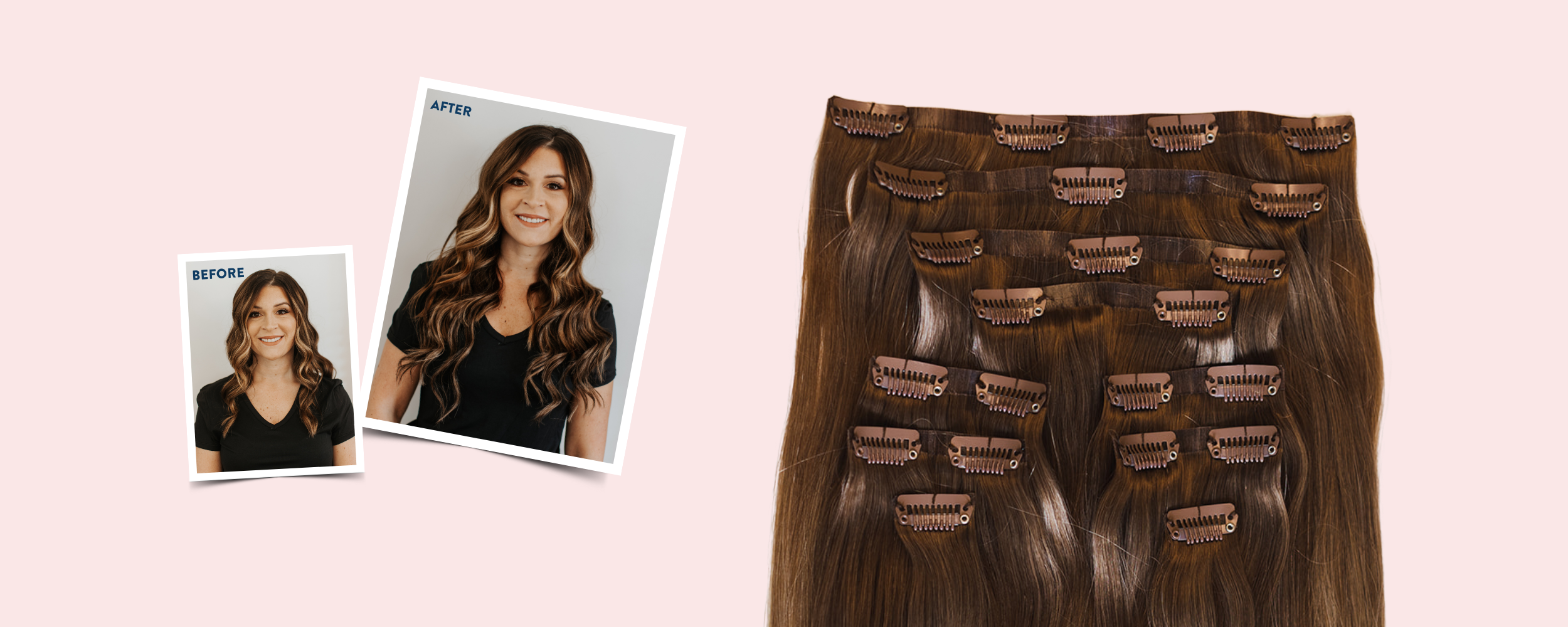 Graphic with a before & after image of a model wearing Barely Xtensions 20" Ultra Seamless Clip-in Extensions and a close up image of the Barely Xtensions 20" Ultra Seamless Clip-in Extensions set (showing the number of wefts/pieces and clips)