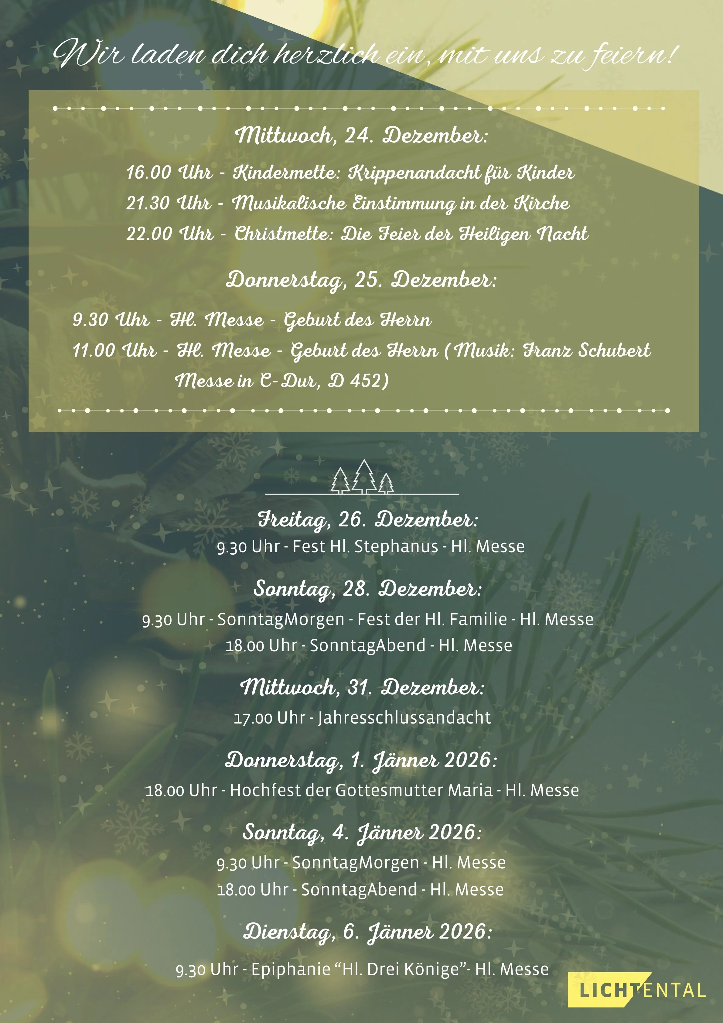 Unser Weihnachtsflyer mit den Veranstaltungen und Gottesdiensten vom 24. Dezember 2025 bis zum 6. Januar 2026.