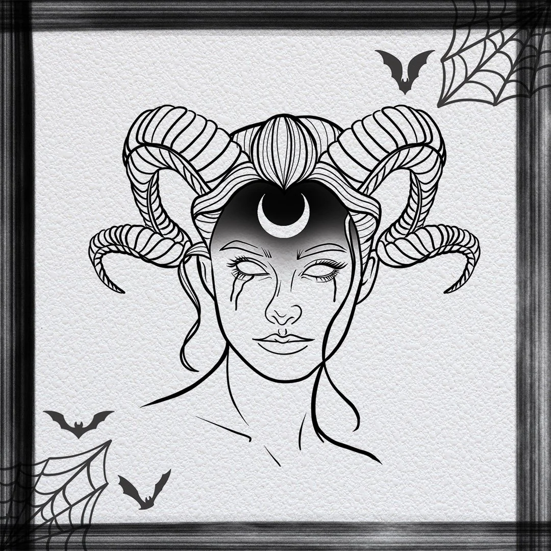 Black and white line art of a mystical female figure with ram horns, a crescent moon on her forehead, tears, and a black background. Decorated with spider webs and bats in the corners.