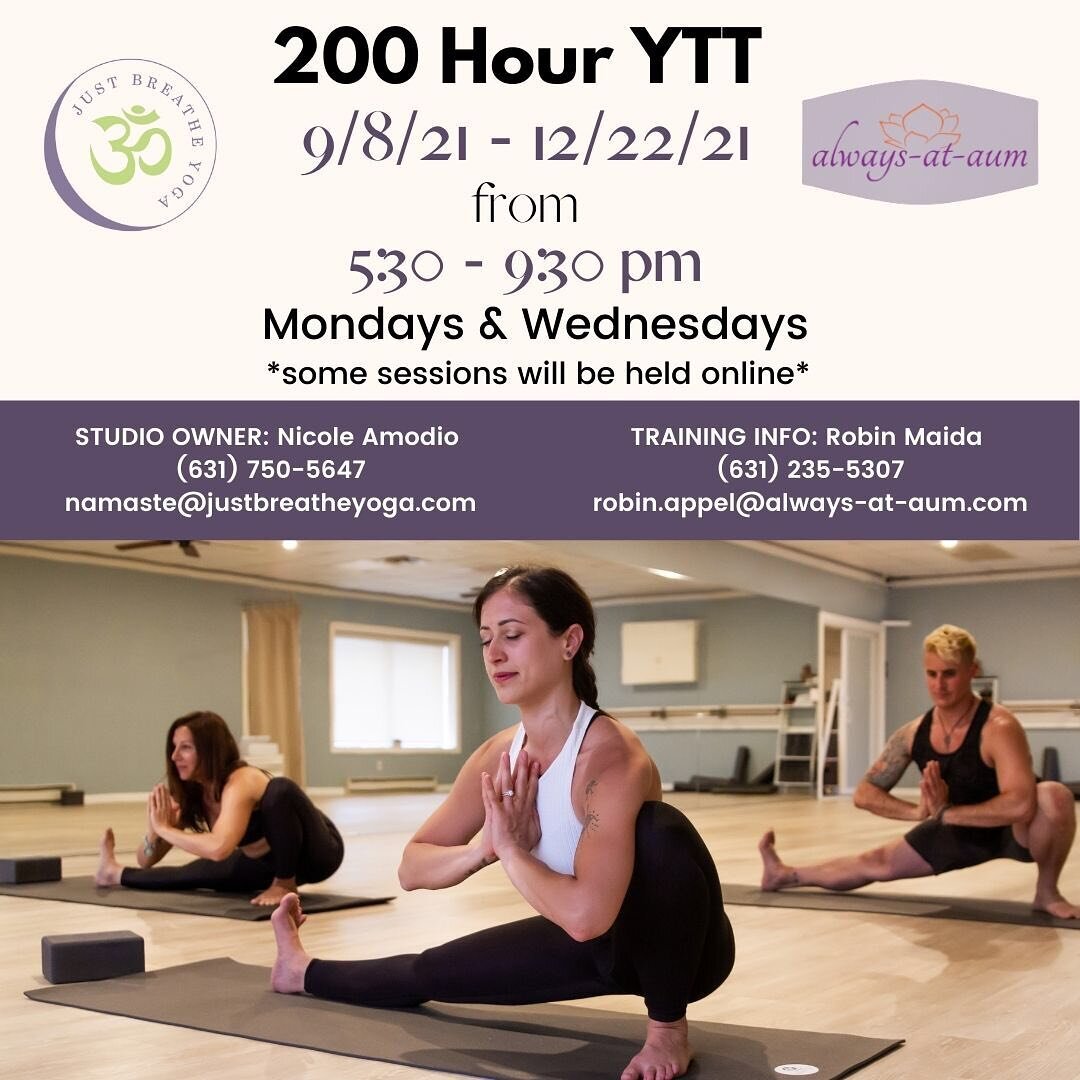 Another round of the Yoga Teacher Training is coming up! This Fall start your journey to becoming a Yoga Instructor with @alwaysataum at Just Breathe Yoga, Boutique and Wellness. Many of our instructors at the studio have gone through this training a