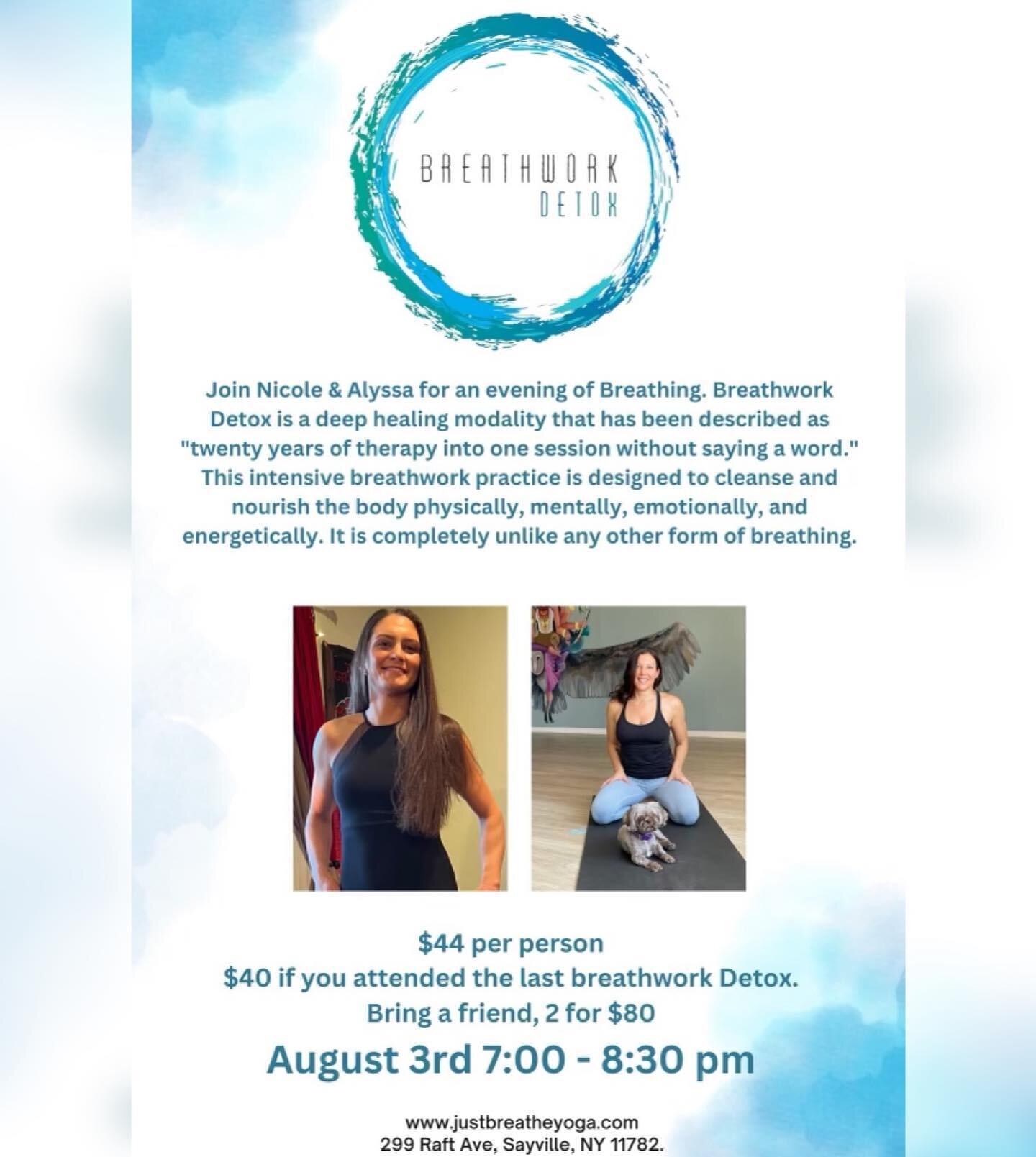 August 3rd !!! 7pm-8:30pm 
Breath work workshop , with two of the best @yoganicki @tryacu 

Save your spot today , as spots are limited for this event 🌙

#breathworkhealing #breathwork #justbreatheyogawellness