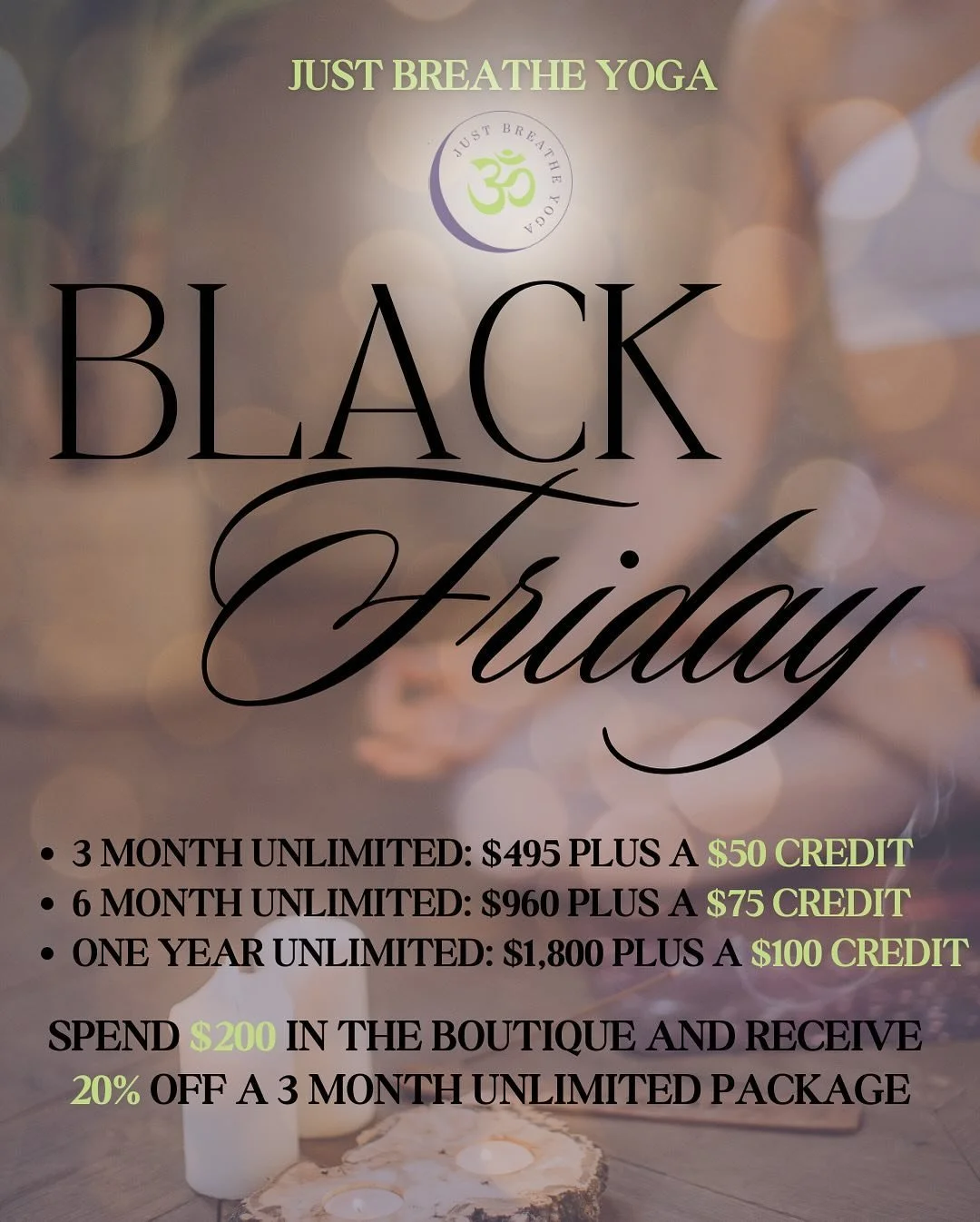 Black Friday Specials ✨

✨SWIPE to see all of the Specials we have for Black Friday 

#blackfriday #blackfridayspecials #justbreatheyogawellness #justbreatheyoga #yogastudio #jby #yogapractice #hotyoga #blackfridaydeals #yoga
