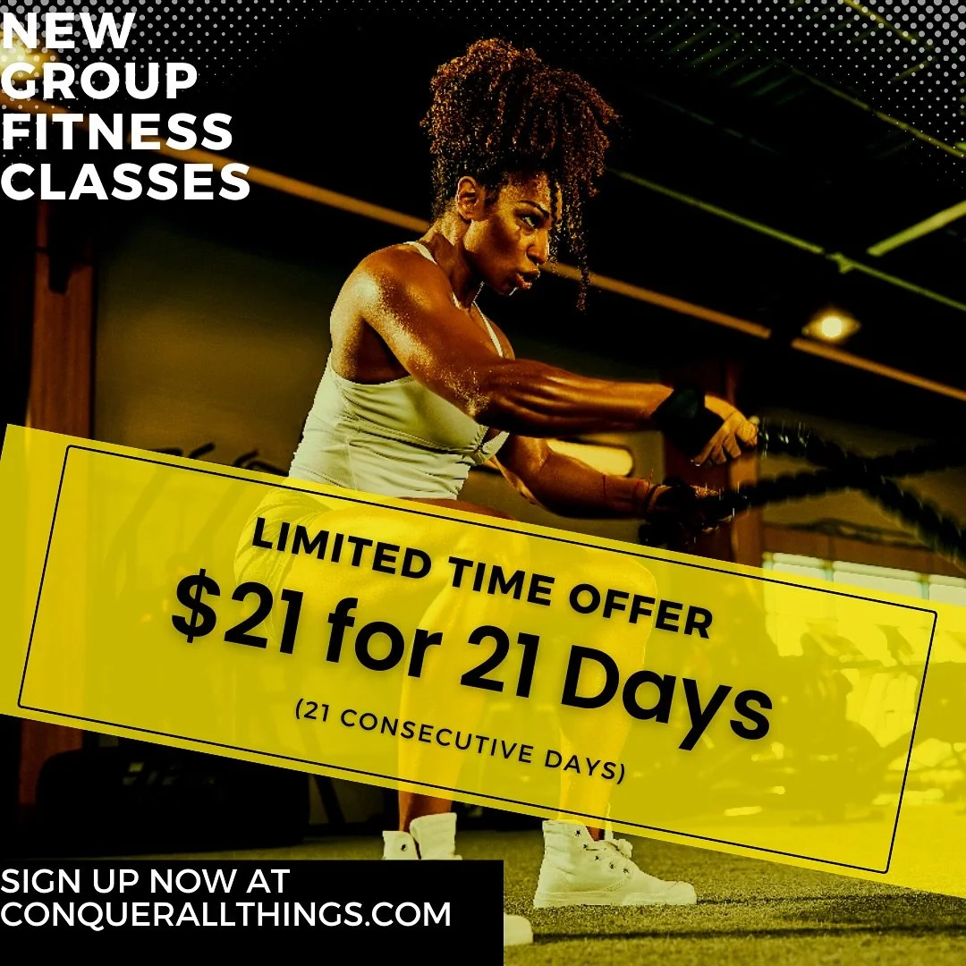 NEW Conquer All Things classes are live!
We’re offering a limited-time 21-day class membership for $21 — must be used consecutively and is a one-time use.
Join a community of conquerors who train hard, stay consistent, and support each