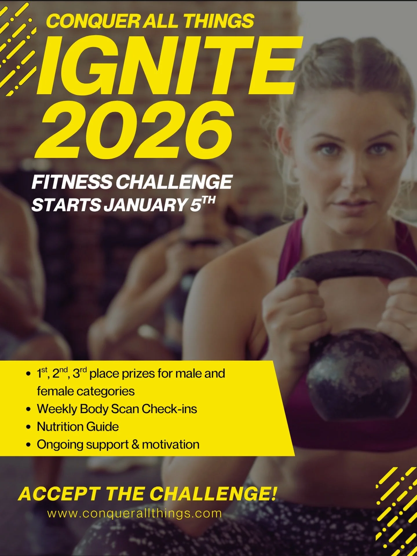 IGNITE 2026!!!! 

Conquer All Things&rsquo; first-ever Fitness Challenge launches January 5, 2026 and this is the spark 💥 🔥.

This is where you draw the line. Where intention replaces excuses. Where momentum isn&rsquo;t waited for&hellip; it&rsquo;