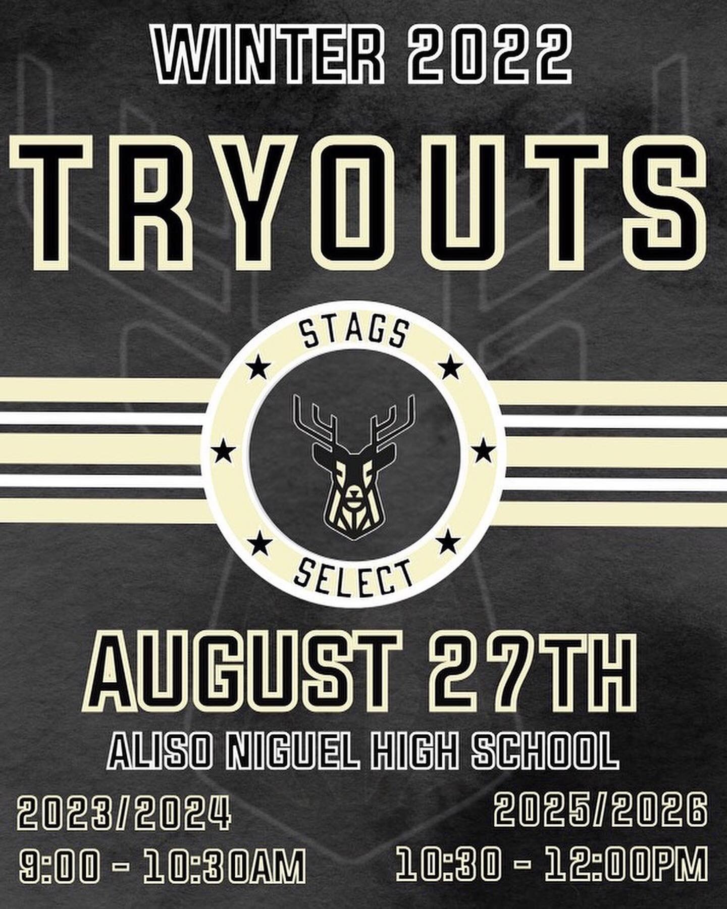 🦌WINTER 2022 TRYOUTS ARE THIS WEEKEND!!!🦌
 **Updated Times**

&bull;Tryouts for our Stags Select HS teams are open for all players that are Grad Years 2023-2026!

THIS IS A FREE TRYOUT! THERE IS NO COST TO COME OUT AND MAKE A TEAM. ‼️

Looking to e