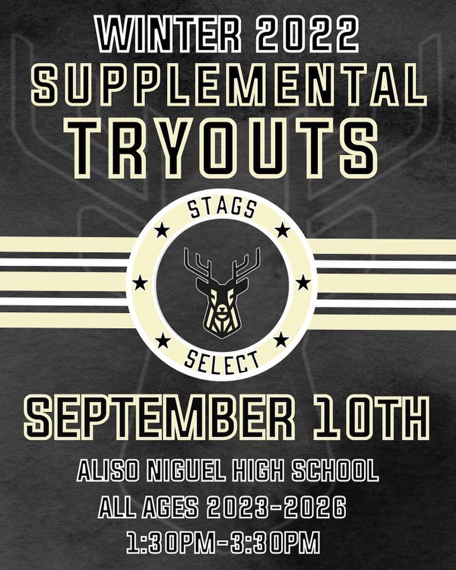 🦌Winter/Fall Supplemental Tryout🦌
 *Last opportunity for Winter!*

&bull;Tryouts for our Stags Select HS teams are open for all players that are Grad Years 2023-2026!

THIS IS A FREE TRYOUT! THERE IS NO COST TO COME OUT AND MAKE A TEAM. ‼️

Looking