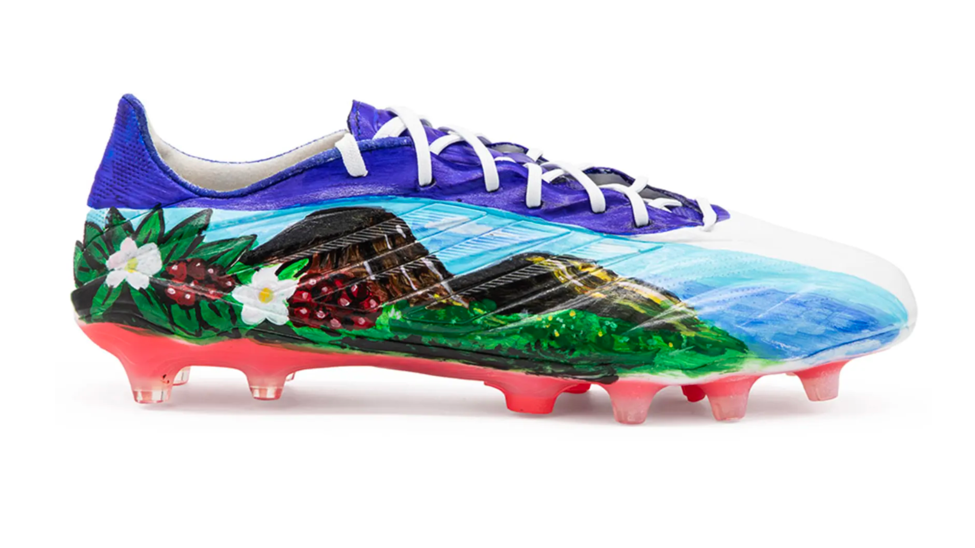 Hand-painted cleats for El Salvador by artist Alexandra Seda, also known as Miss Lushy, showing a volcano, mountains, and coffee plants, Kicks of Concacaf, FIFA World Cup 2026.