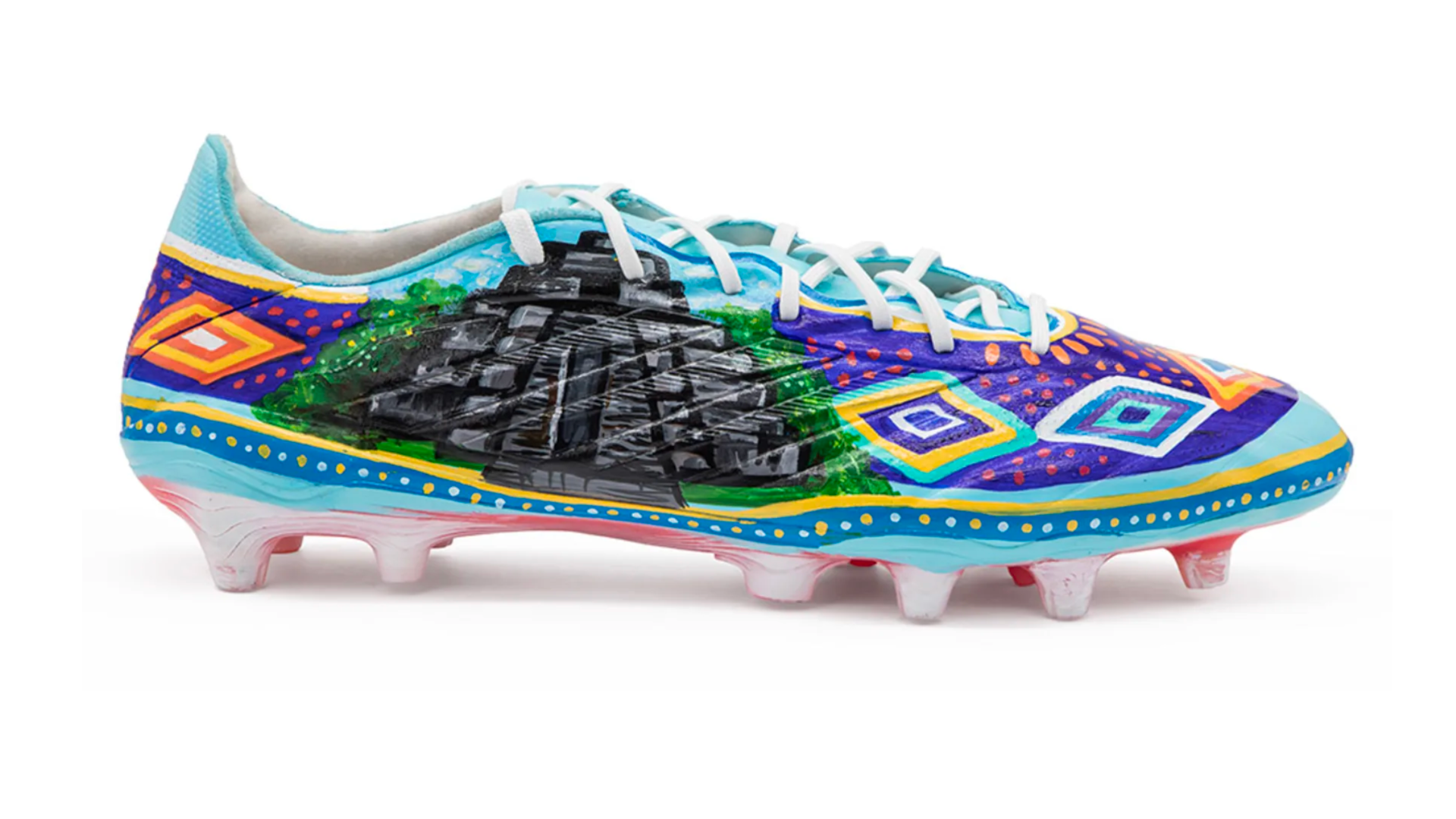 Hand-painted World Cup cleats for Nicaragua by Nicaraguan-American artist Alexandra Seda, also known as Miss Lushy, featuring the turquoise-browed Motmot national bird, Kicks of Concacaf, FIFA World Cup 2026.