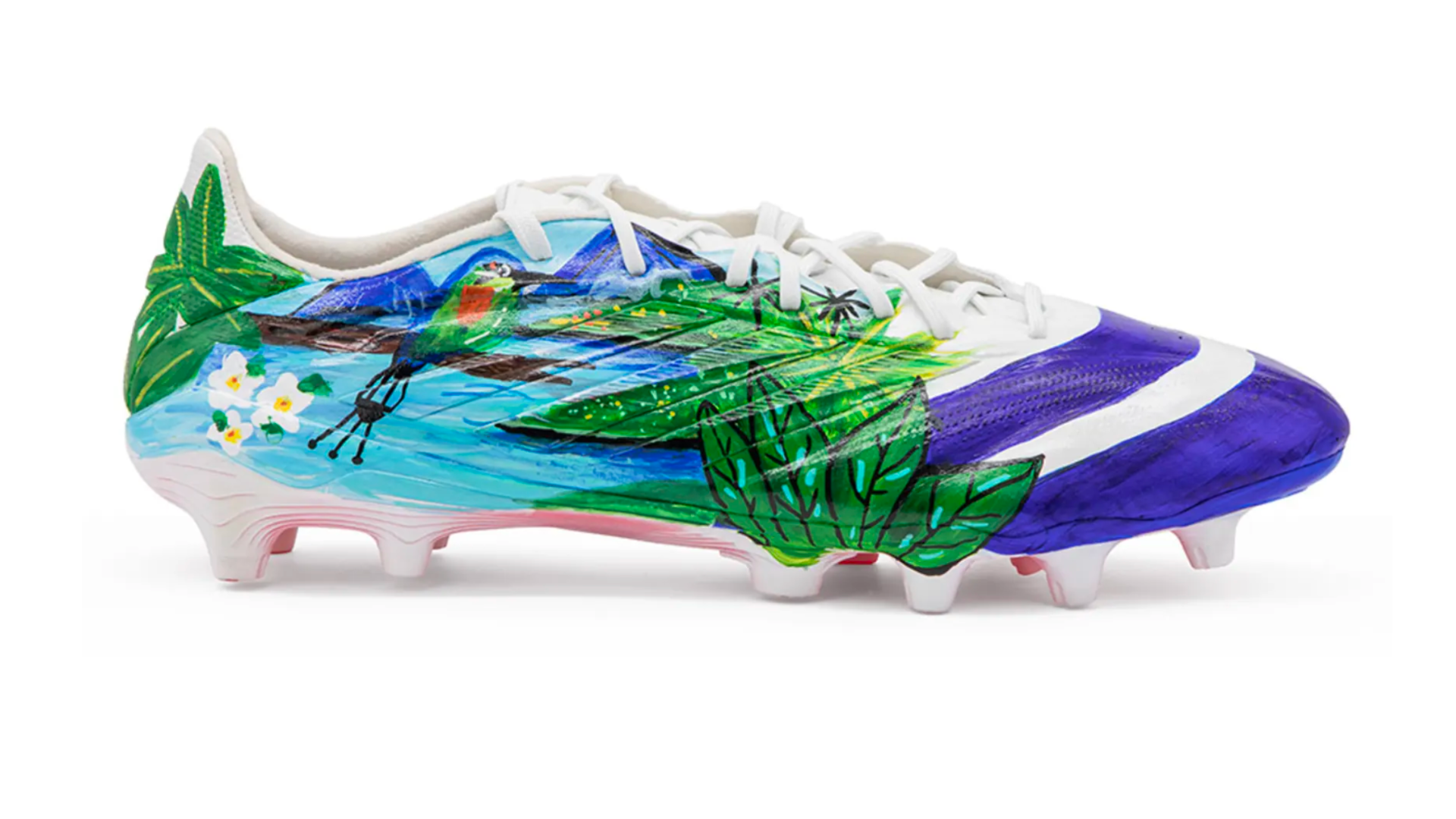 Custom painted soccer shoes for Guatemala by artist Alexandra Seda, also known as Miss Lushy, with Mayan diamond patterns and the Templo del Gran Jaguar, Kicks of Concacaf, FIFA World Cup 2026.