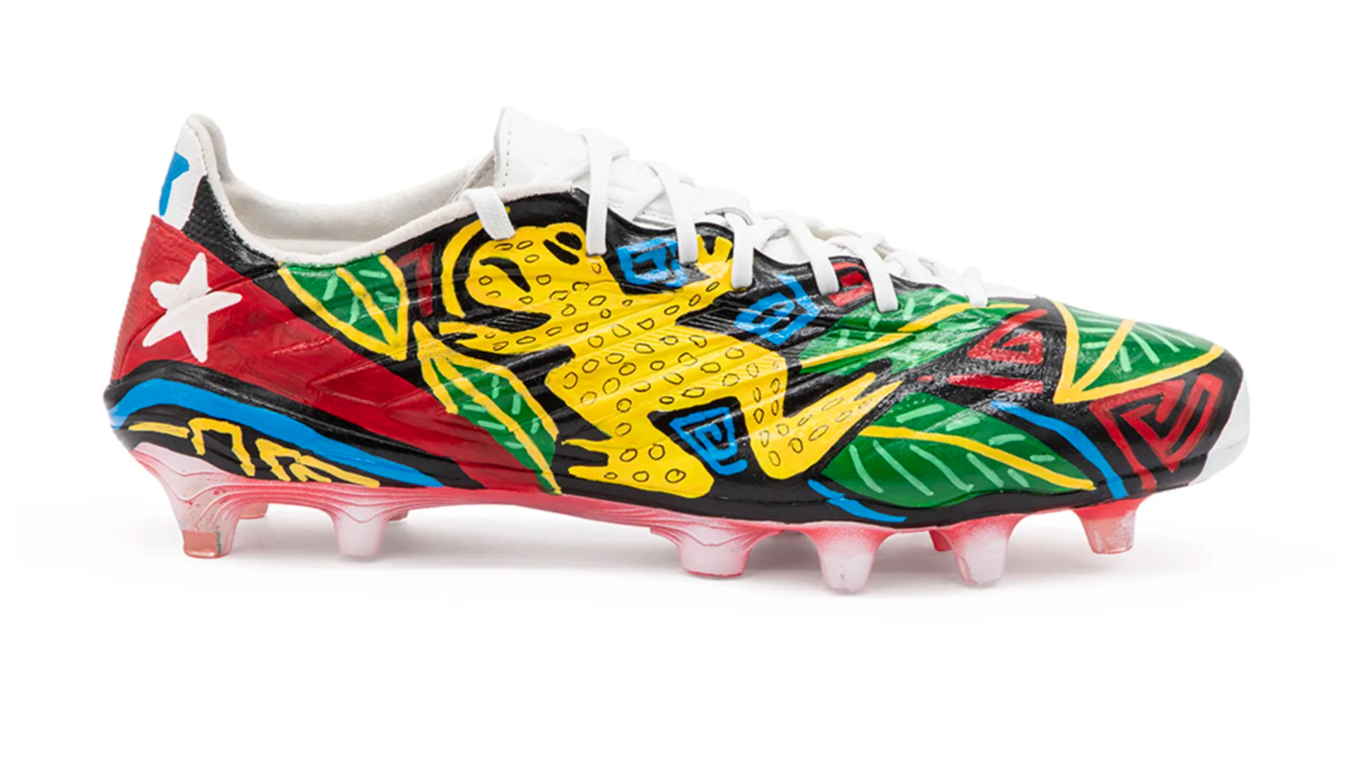 Custom painted football boots for Panama by artist Alexandra Seda, also known as Miss Lushy, with the Panamanian golden frog and Guna Mola patterns, Kicks of Concacaf, FIFA World Cup 2026.