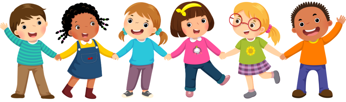 cartoon kids of 6 kids of different genders holding hands in a line left to rightand singing.