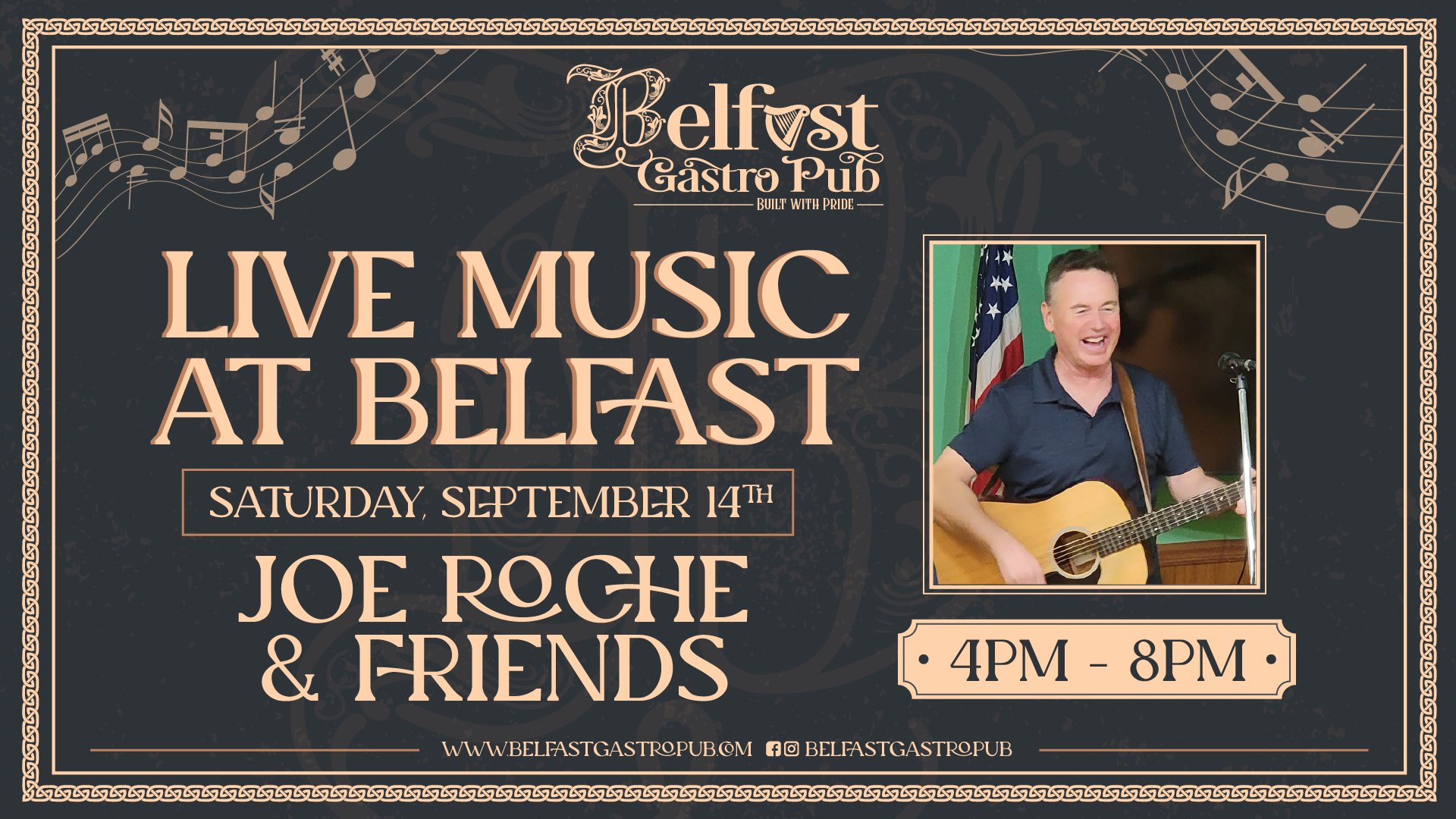 LIVE MUSIC AT BELFAST SATURDAY, SEPTEMBER 14T JOE ROCHE & FRIENDS  4РМ - 8PM