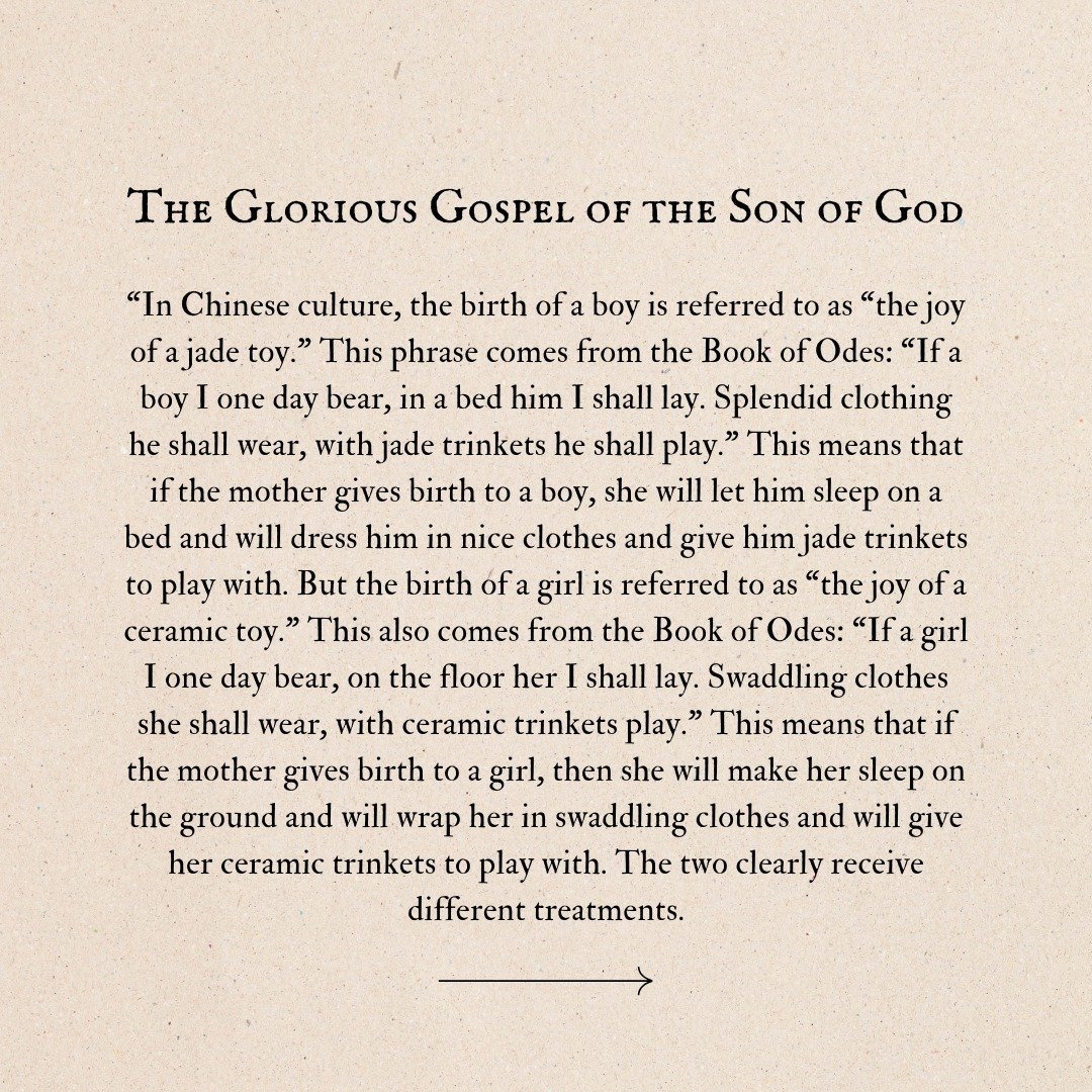 Here is an excerpt from our article&quot;The Glorious Gospel of the Son of God&quot; published in 2022.

Pastor Victor Guo explores the &quot;boys over girls&quot; phenomenon in Chinese culture and the reforms that took place through Christians in Ch