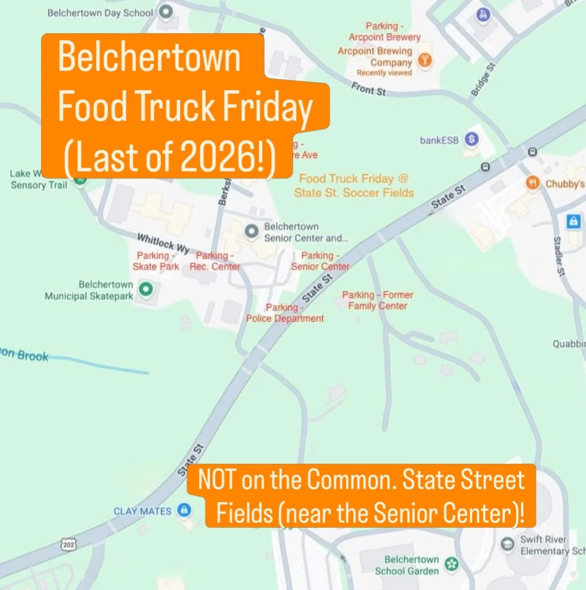 Today&rsquo;s our final food truck Friday in Belchertown for the season! Don&rsquo;t miss it! 

🚨 Important, this one will be at the State Street fields, not on the town common! 🚨 

We&rsquo;re excited to see you these last few times as we wind dow