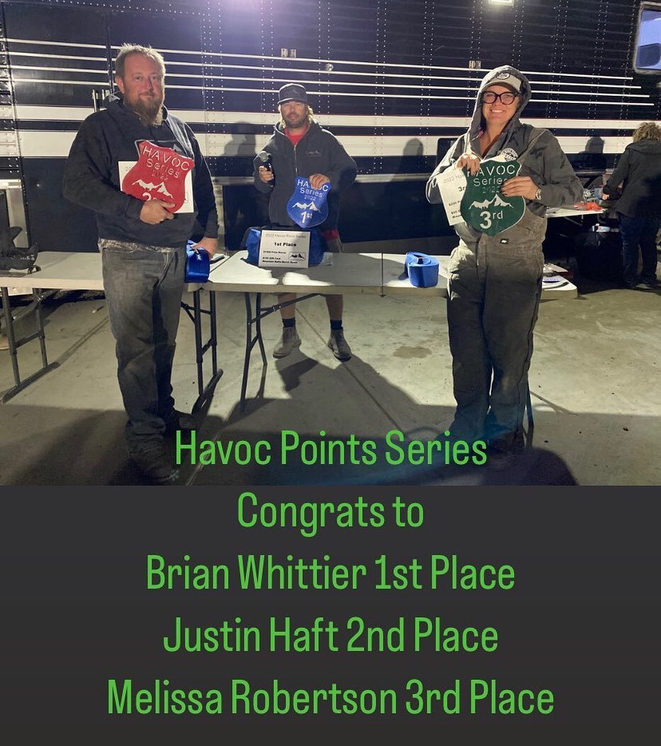 Congratulations to our Havoc Points Winners: Brian Whittier 1st, Justin Haft 2nd and Melisa Robertson 3rd.  @amsoilinc @warn @macstiedowns @axlebusters  @rodeocoinofficial @western_canadian_rockwell @carquest.sandpoint @alcompressedgases @sandpointma