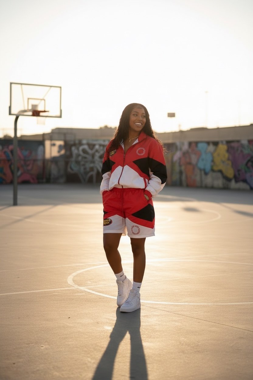 A young woman in a red and black and white athletic tracksuit and white sneakers walking on an outdoor basketball court during sunset, with graffiti on the walls in the background.