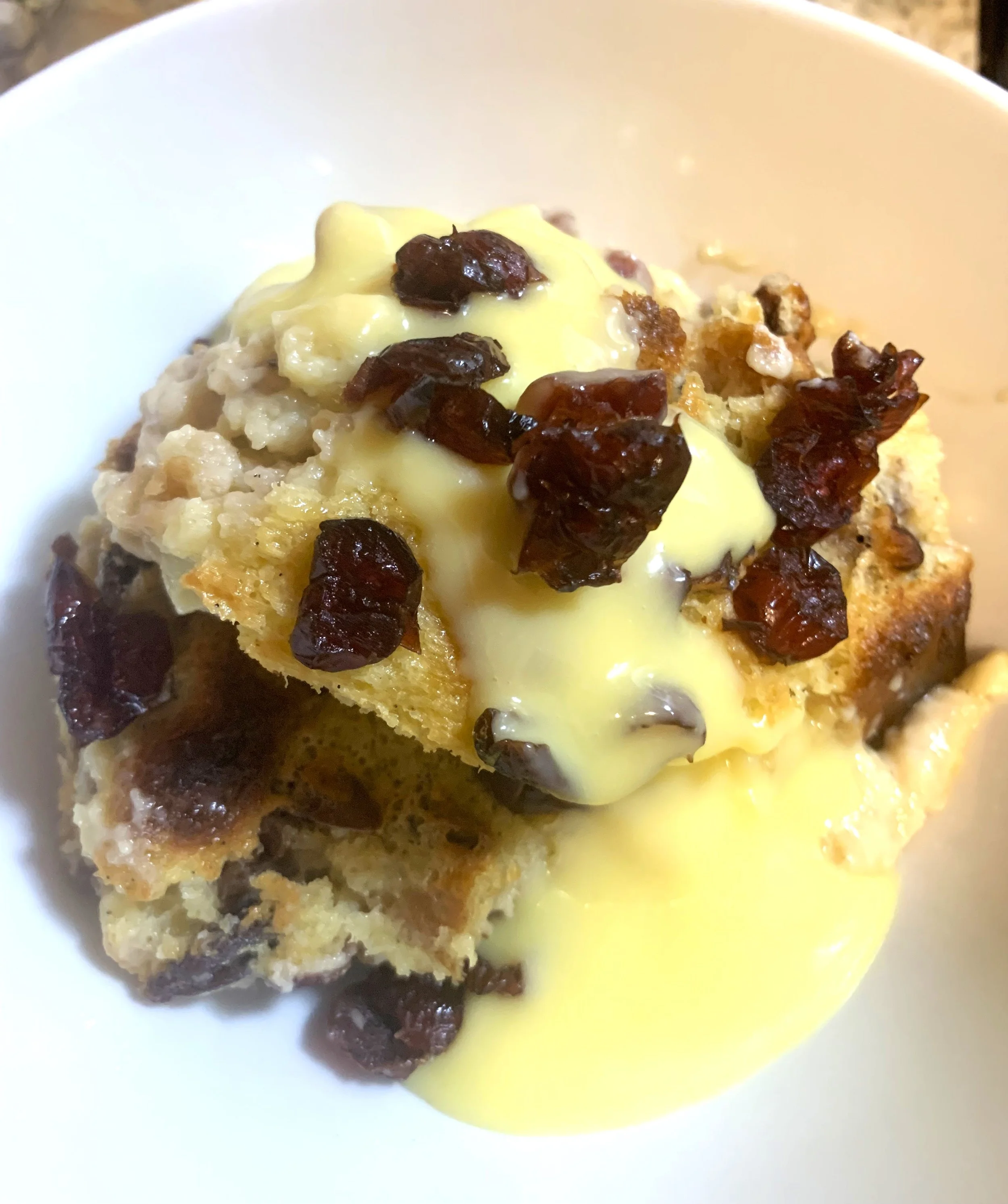 Cranberry Pecan Bread Pudding with Lemon Curd Sauce Anglaise