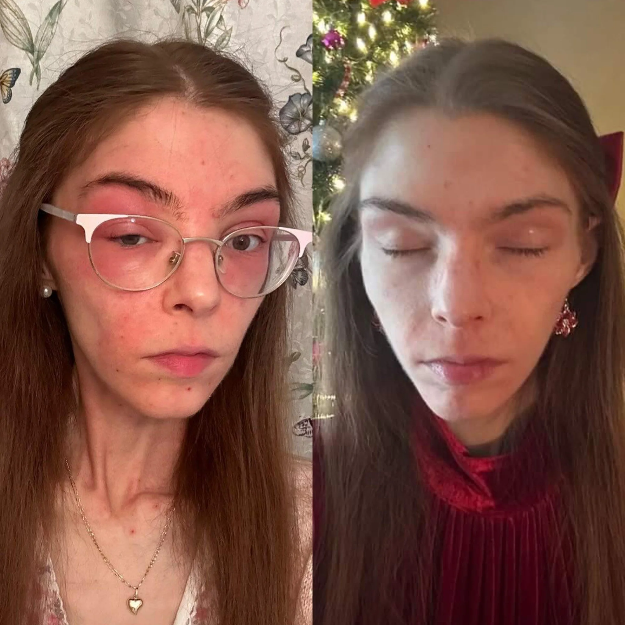 A side-by-side comparison of a young woman with long brown hair, one with glasses and the other with eyes closed, wearing a red dress and earrings, in front of a Christmas tree.