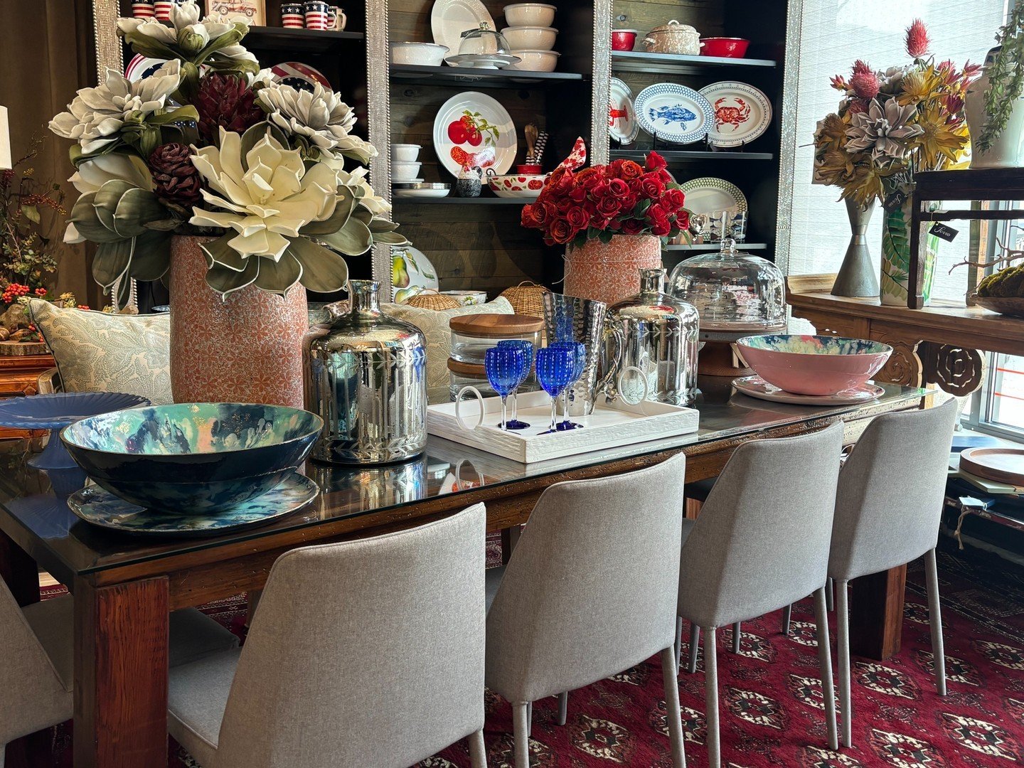 Lots of beautiful serving pieces and accessories. Mother's Day is coming, May 12th! #studioferro #interiordesign #floraldesign #visitmorris #shopmorris #uniquegifts