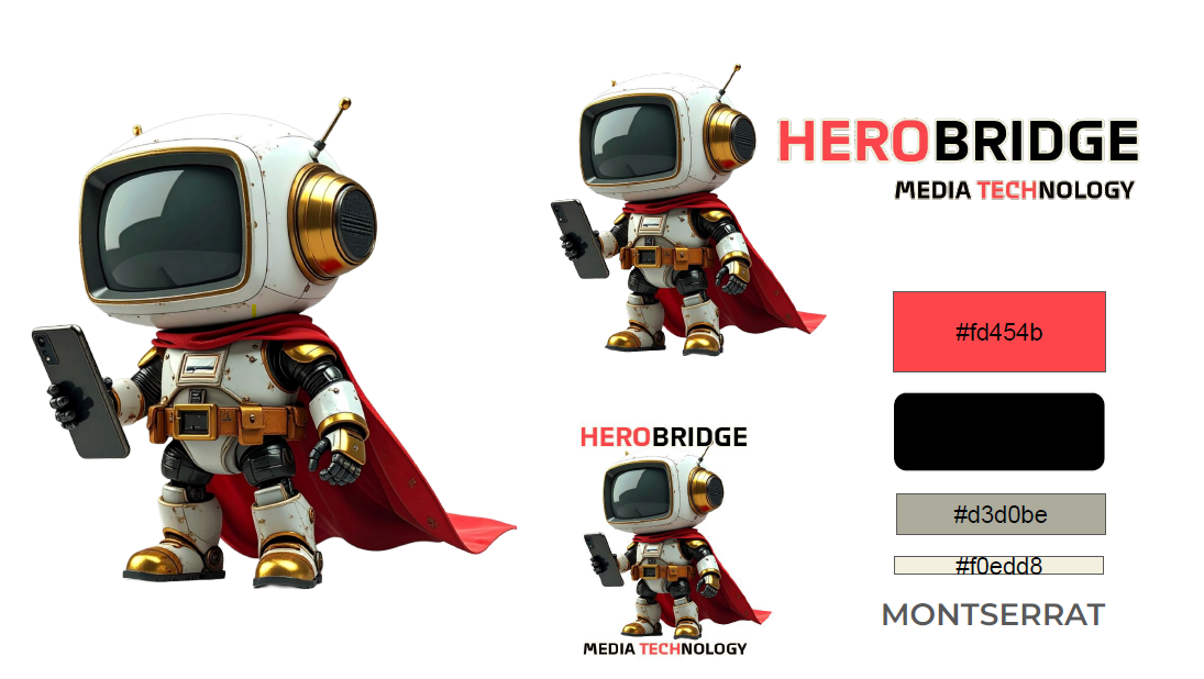 The official new brand guide pantone and mascot of HeroBridge and Hero One Eleven products and operating systems for human centered future of media tech