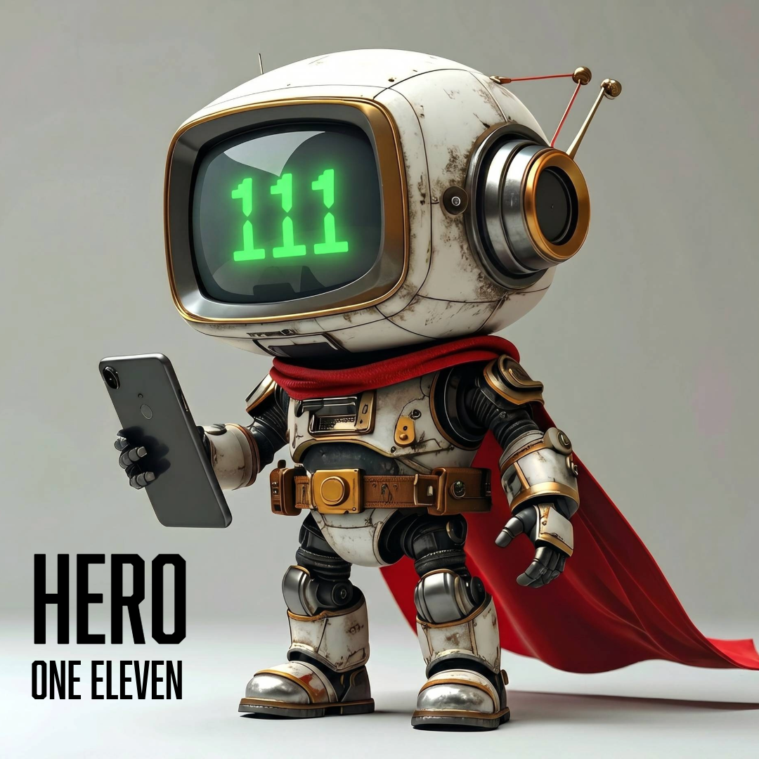 Hero One Eleven mascot representing the integration of media and technology that supports, not replaces relationship and resources for humans