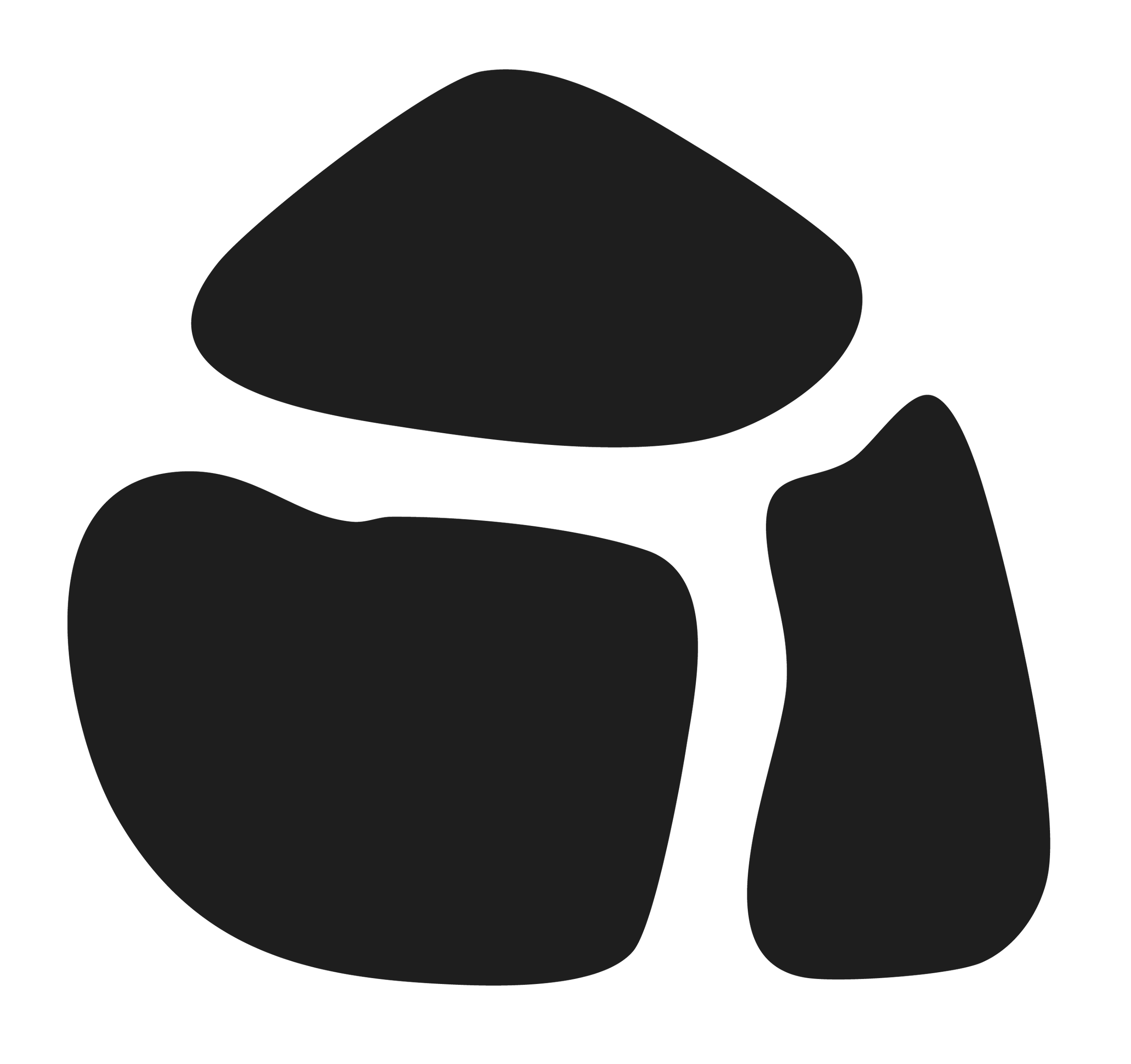 En svart silhuett av en ring och tre stenar i olika former och storlekar.