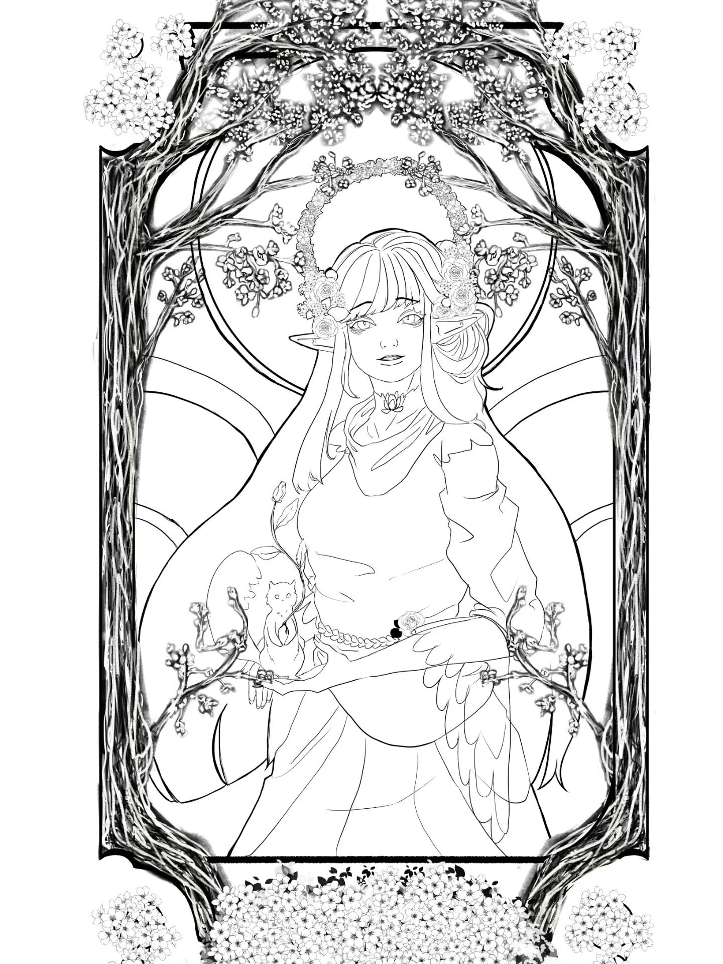 She steps through the snow and sows the seeds of spring behind her. #art #illustration #oc #lineart #digitalart #digitalillustration #coloringbookidea #seasons #lineartillustration #originalcharacter #elk #floral #fantasyart #clipstudiopaint