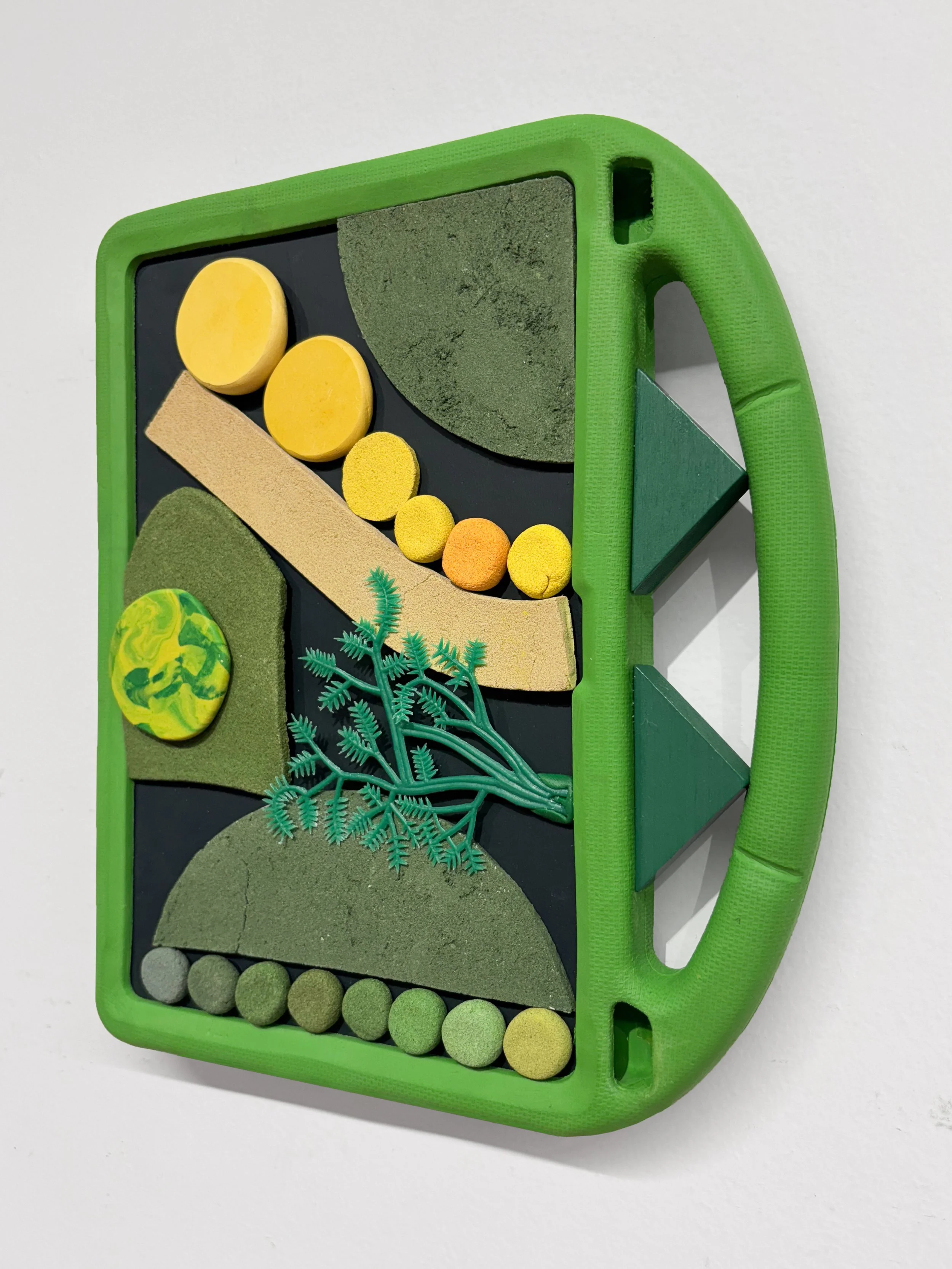 Our Walk (in the woods), 2025 •
Assemblage with found objects, homemade sculpting compound, epoxy clay, chalk paint, wax, adhesives, wood and screws.
• Height: 10.5”, Width: 9.25”, Depth: 1.5”