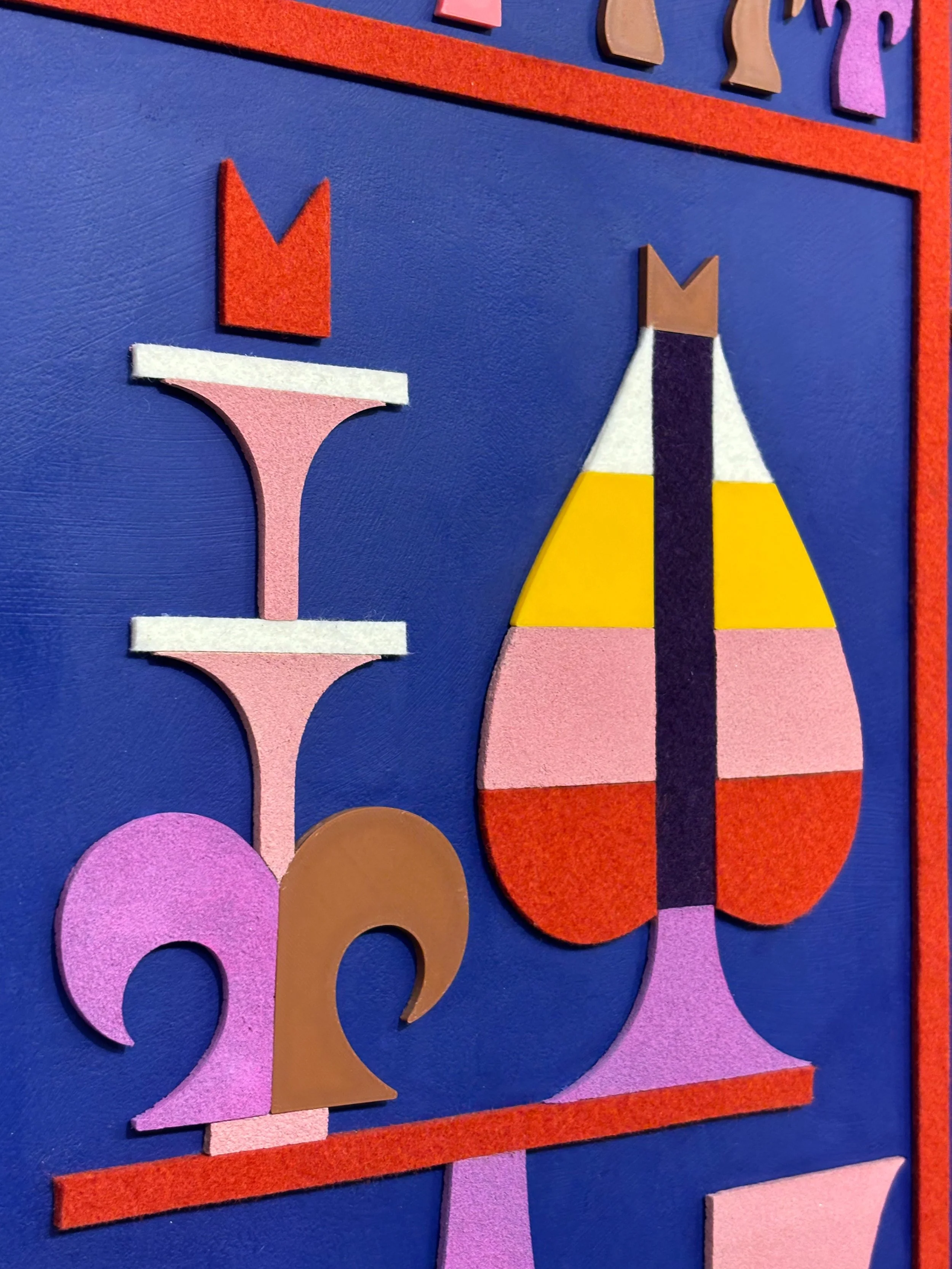 untitled (007.2025), 2025 • Felt, PLA plastic, homemade sculpting compound, chalk paint and wax on panel • Height: 28”, Width: 22”