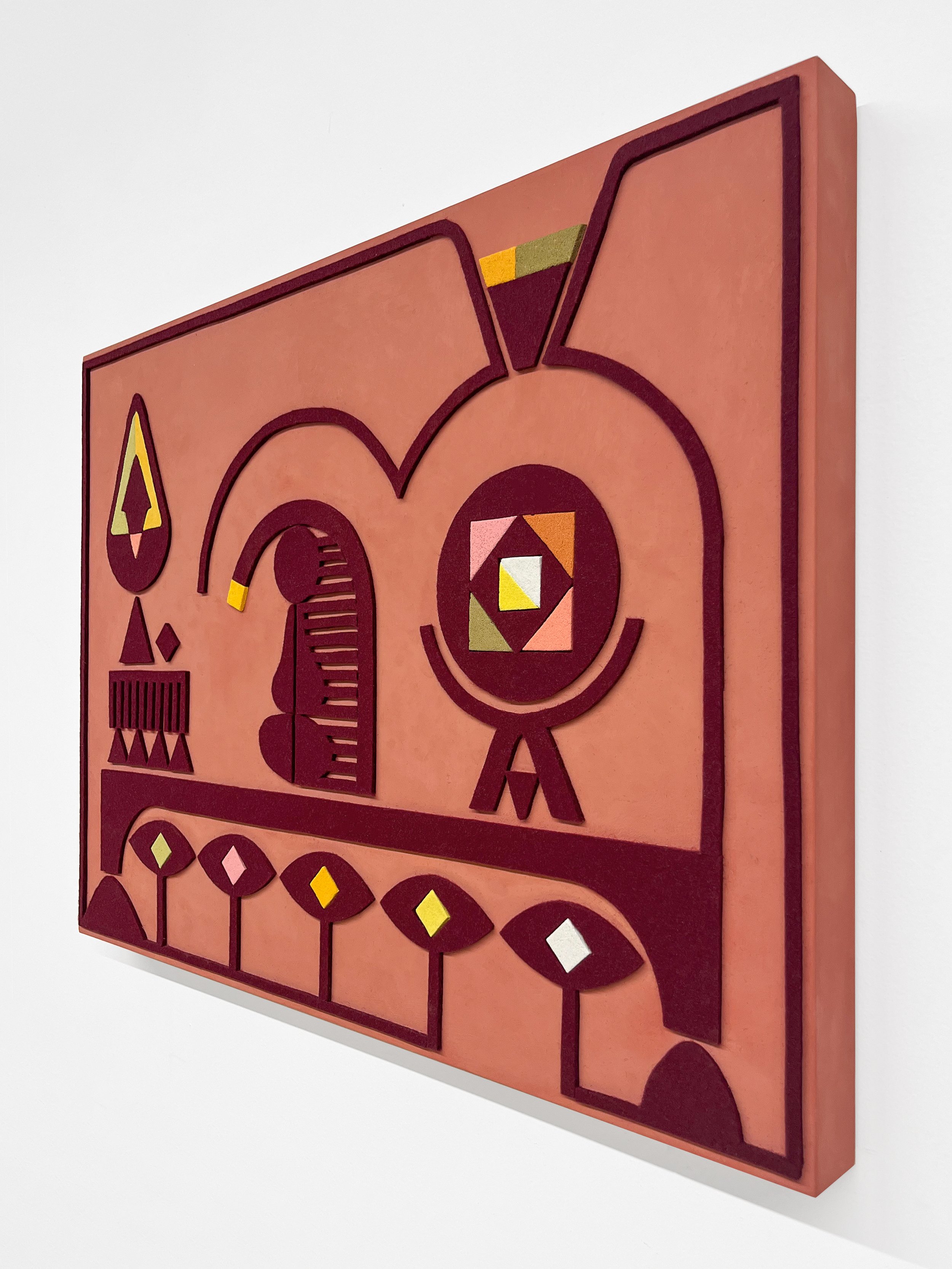 untitled (010.2024), 2024 • Felt, homemade sculpting compound, chalk paint and wax on panel • Height: 18”, Width: 24”