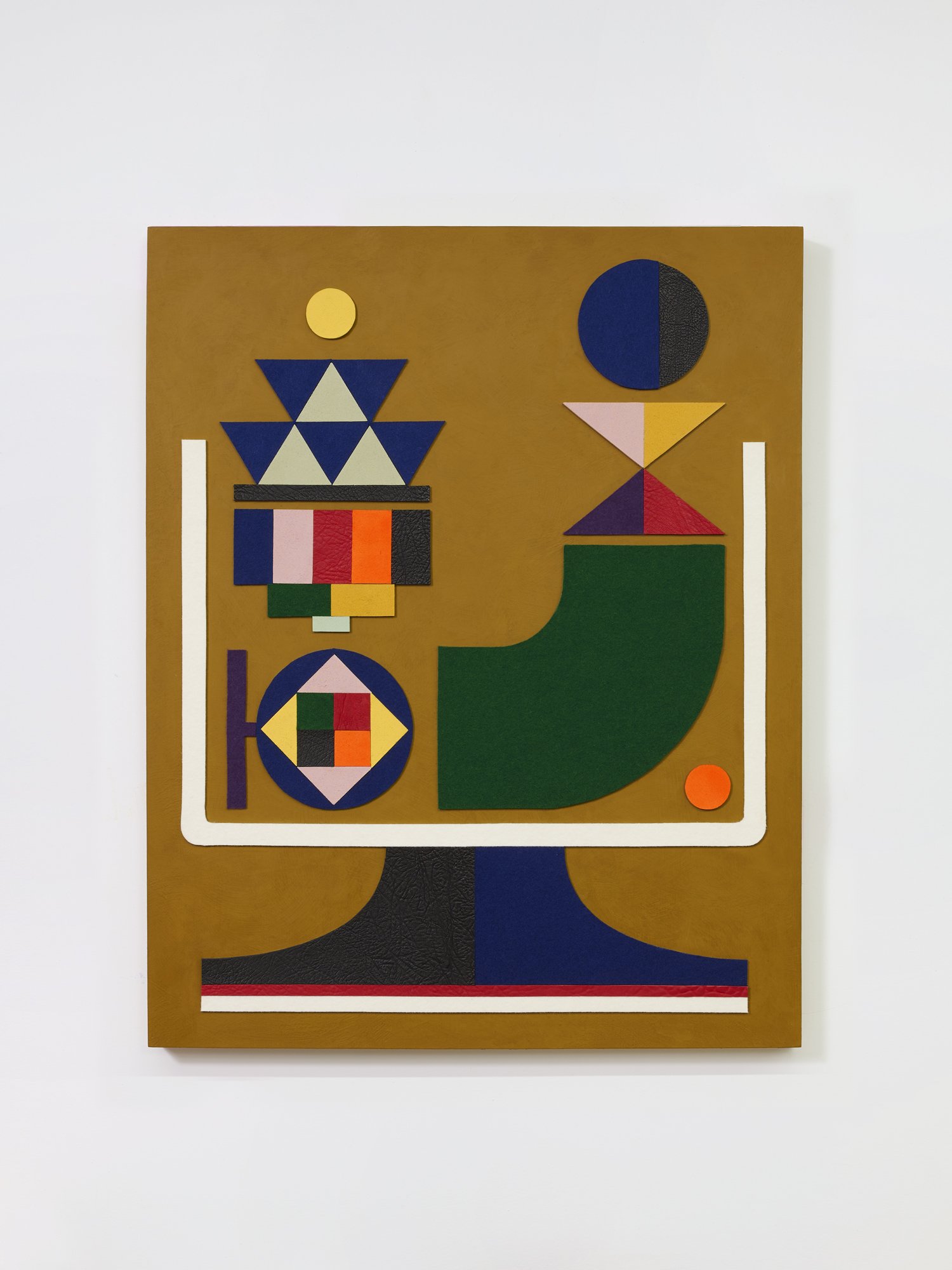 untitled (002.2026), 2026 • Felt, leather, homemade sculpting compound, chalk paint and wax on panel • Height: 30”, Width: 24”