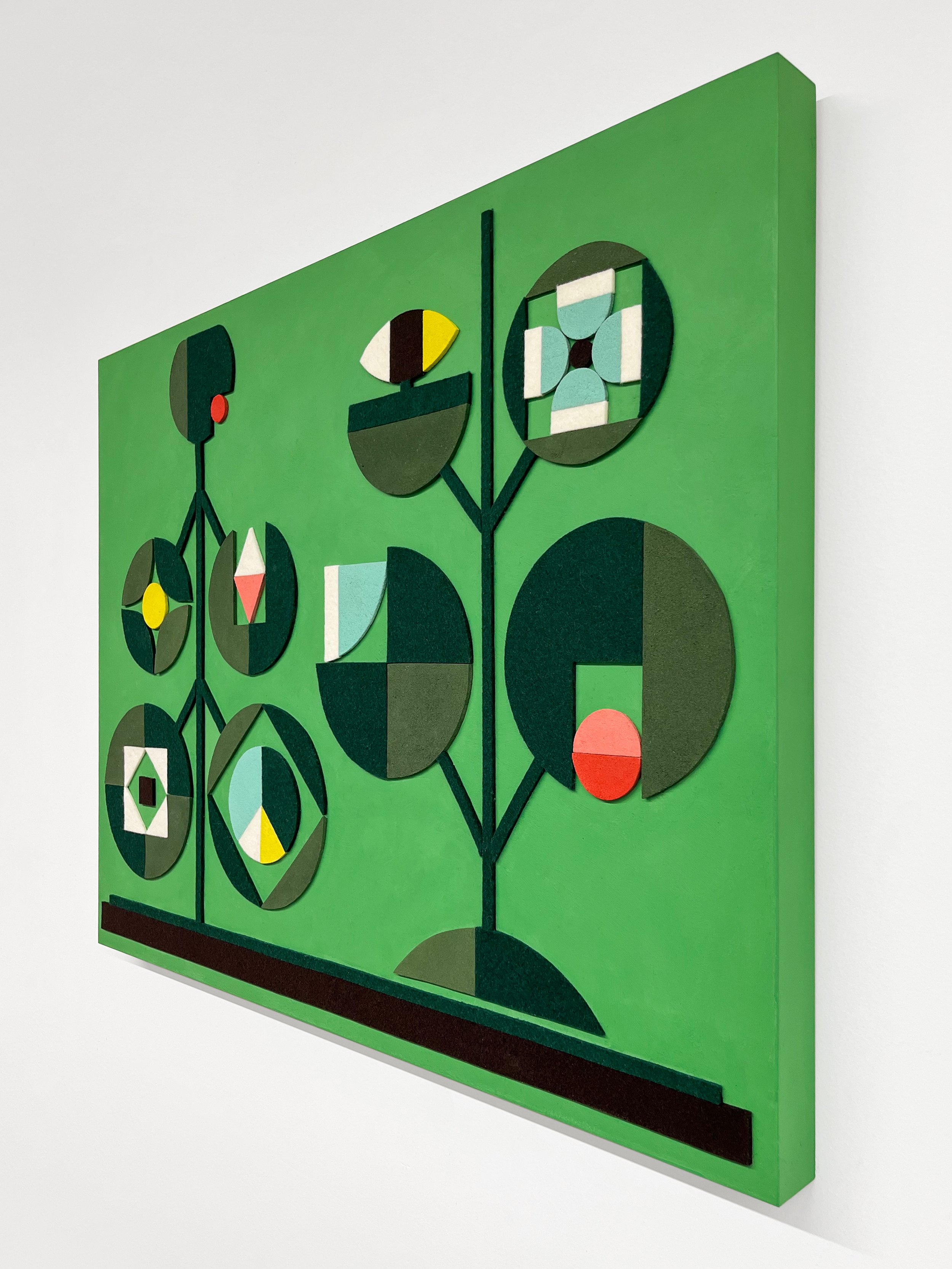 Spring Song, 2025 • Felt, homemade sculpting compound, chalk paint and wax on panel • Height: 22”, Width: 28”