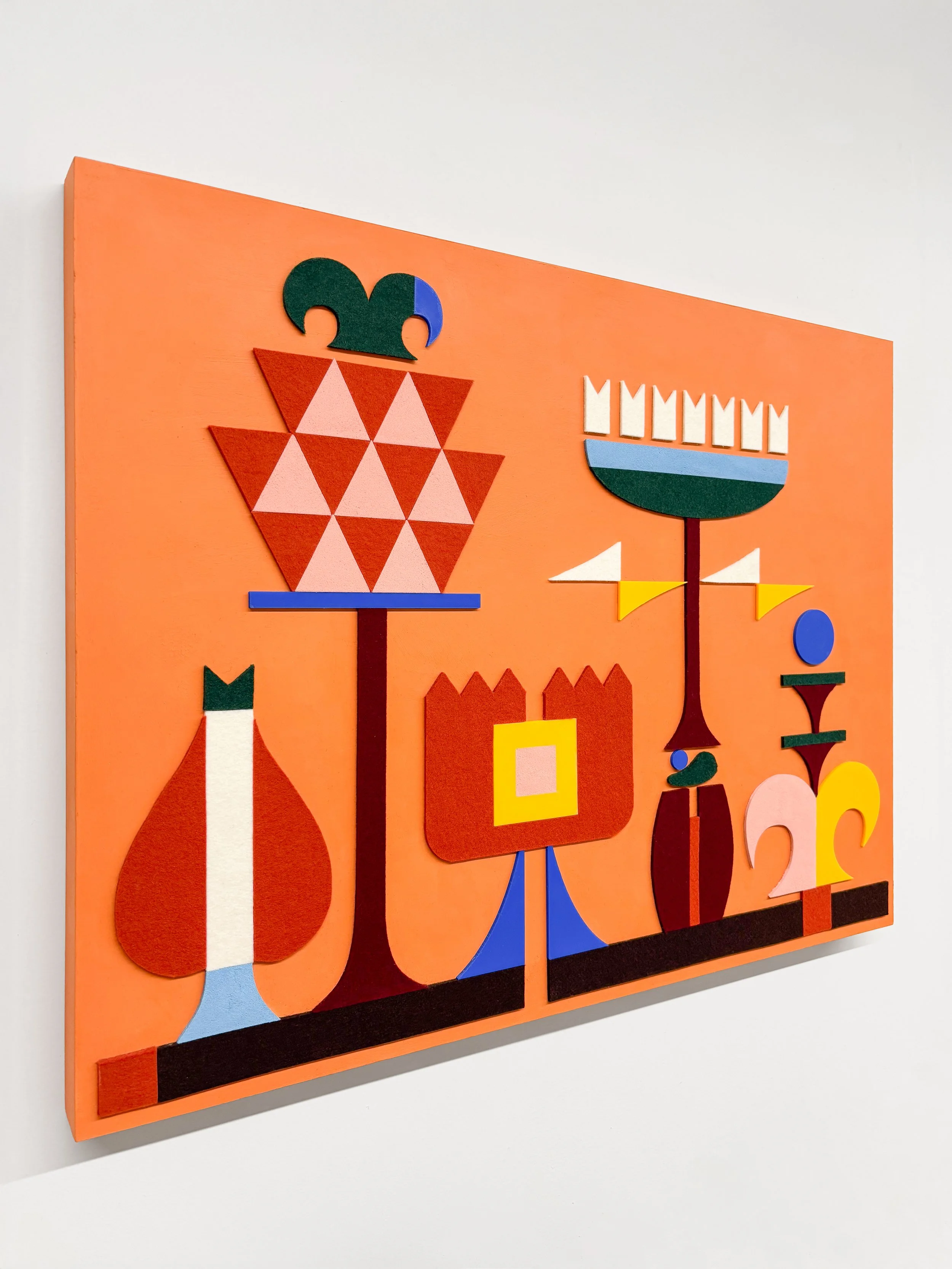 Tova's Garden, 2025 • Felt, PLA plastic, homemade sculpting compound, chalk paint and wax on panel • Height: 22”, Width: 28”