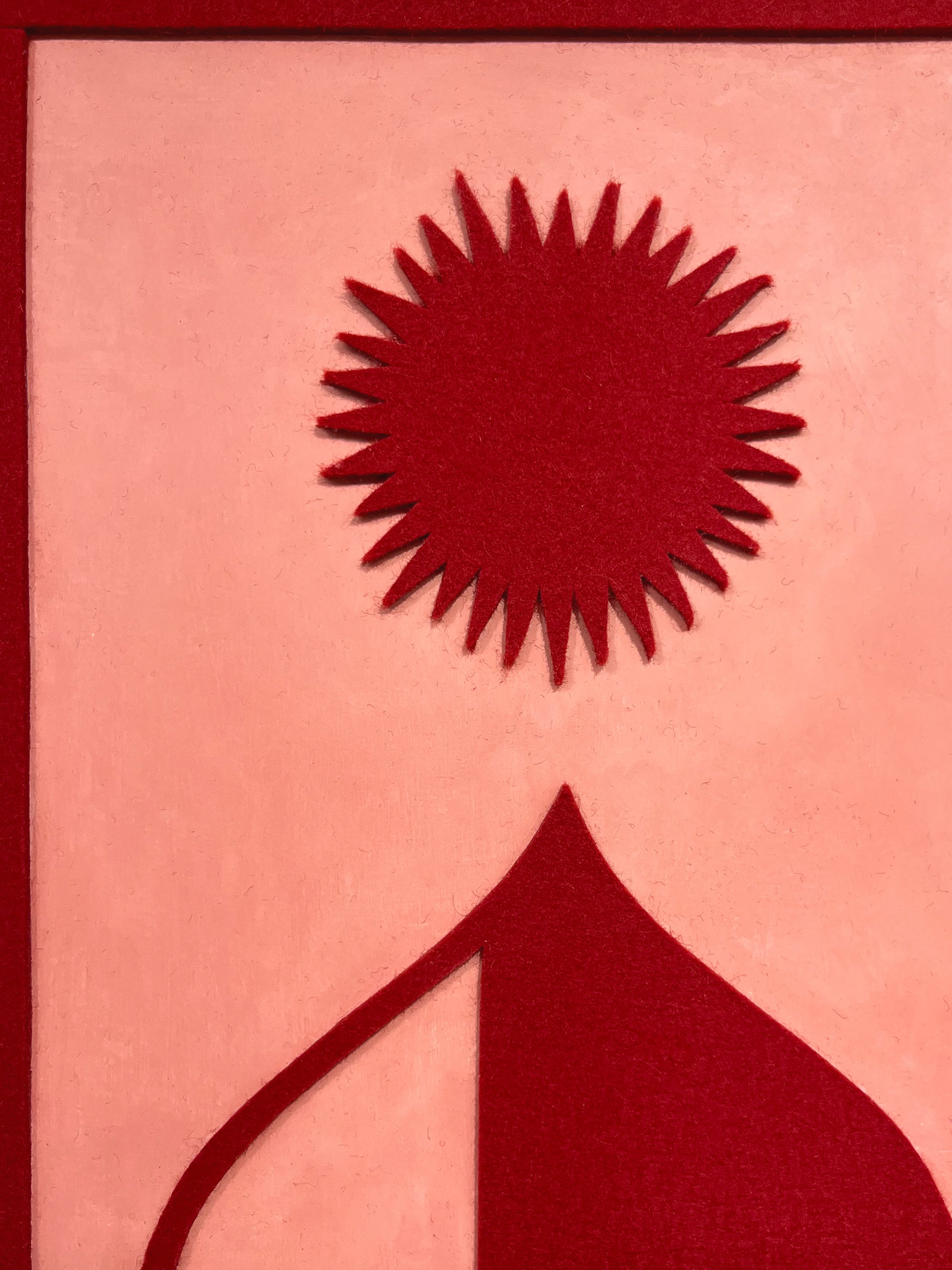 "Twin Suns" • Felt, homemade sculpting compound, chalk paint and wax on panel • Height: 14”, Width: 18”