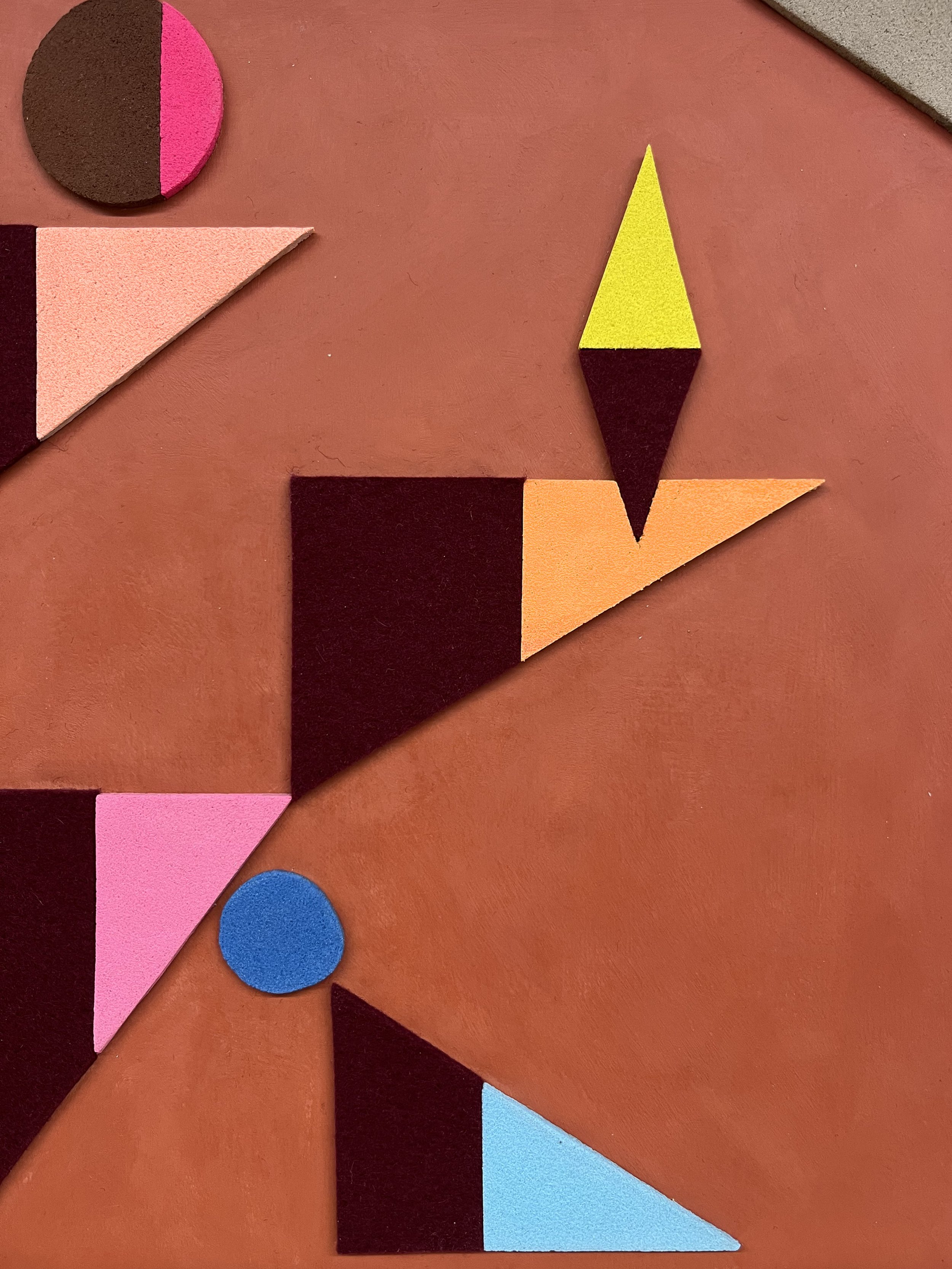 untitled (01.2025), 2025 • Felt, homemade sculpting compound, chalk paint and wax on panel • Height: 18”, Width: 24”